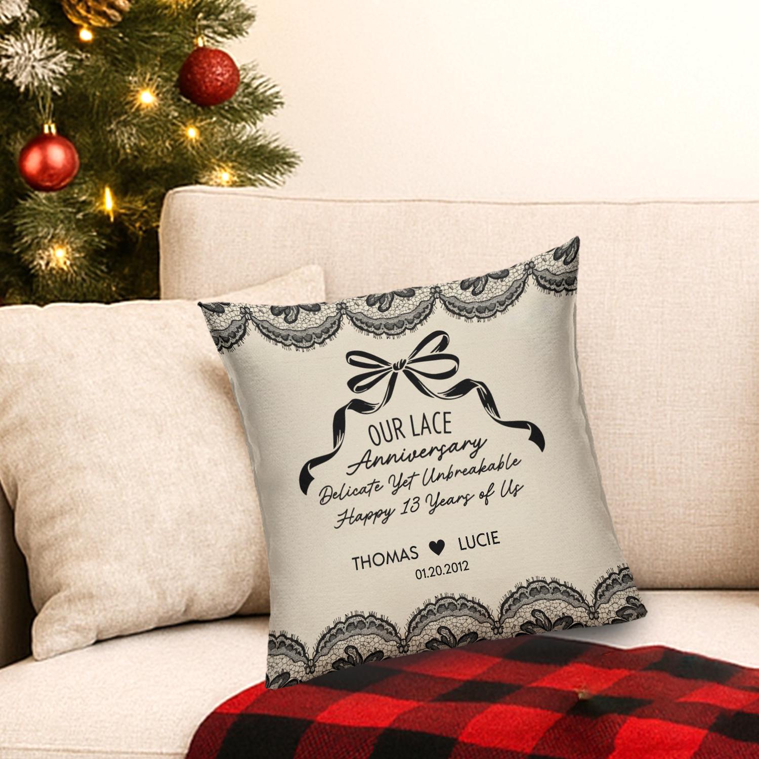 Personalized Lace Anniversary Pillow: Custom Name & Date Cushion