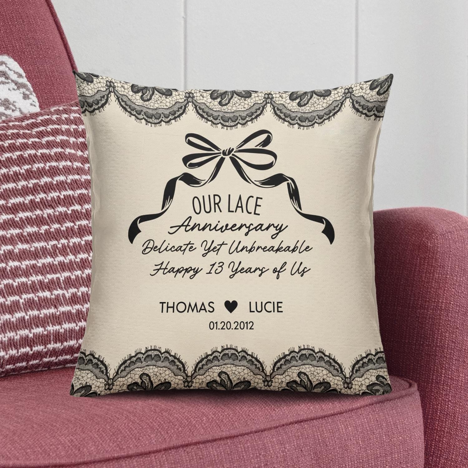 Personalized Lace Anniversary Pillow: Custom Name & Date Cushion