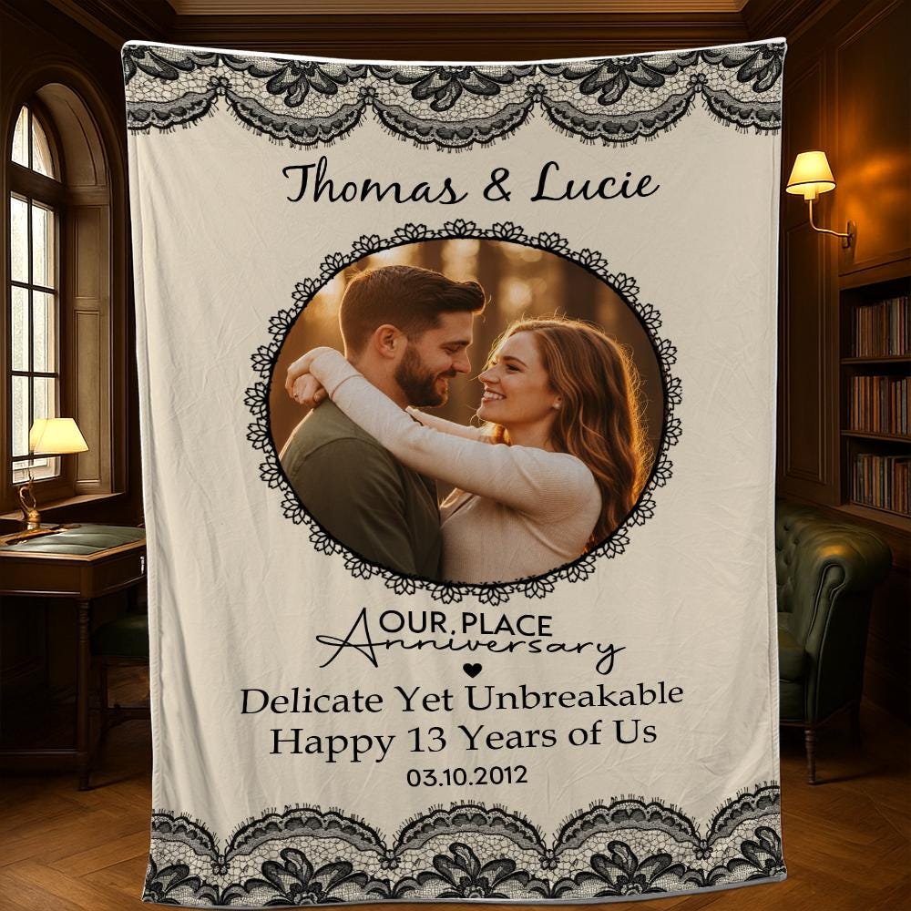 Custom Lace Anniversary Blanket, Personalized Fleece Throw with Photo, 13 Year Marriage Decor