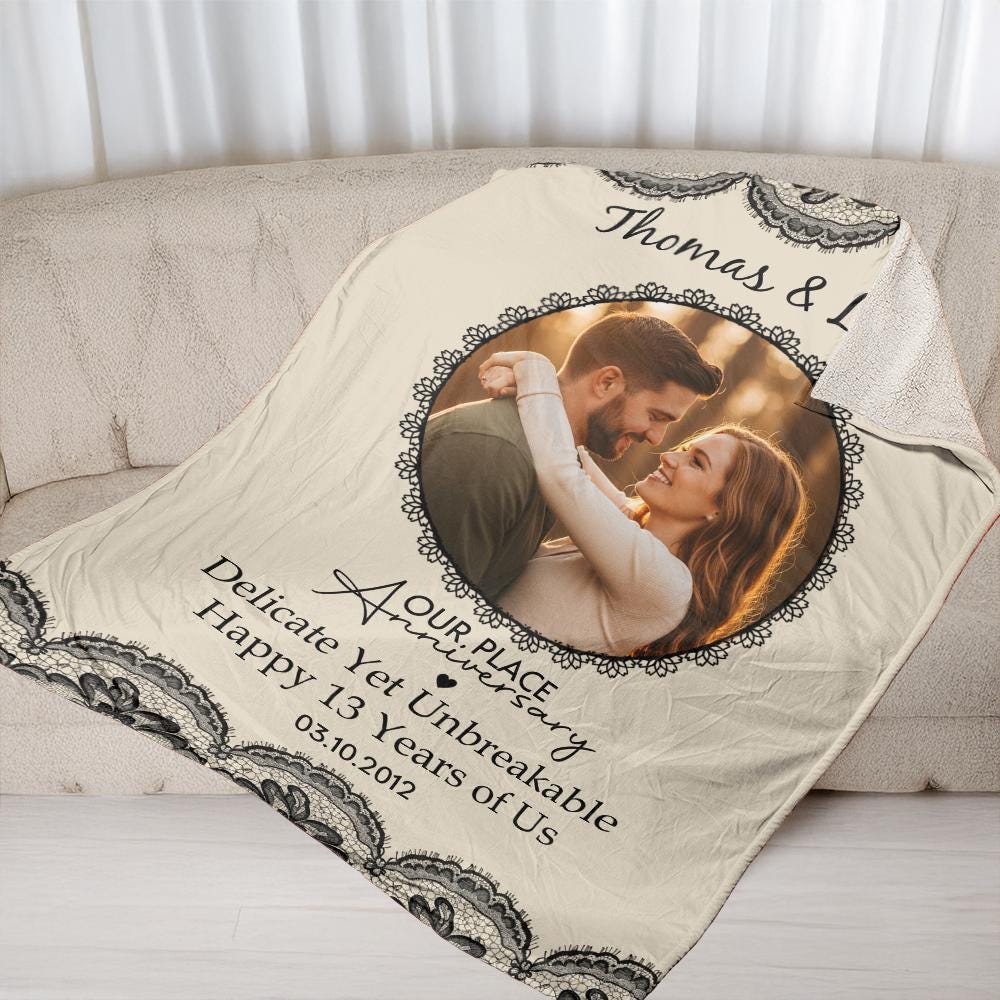 Custom Lace Anniversary Blanket, Personalized Fleece Throw with Photo, 13 Year Marriage Decor