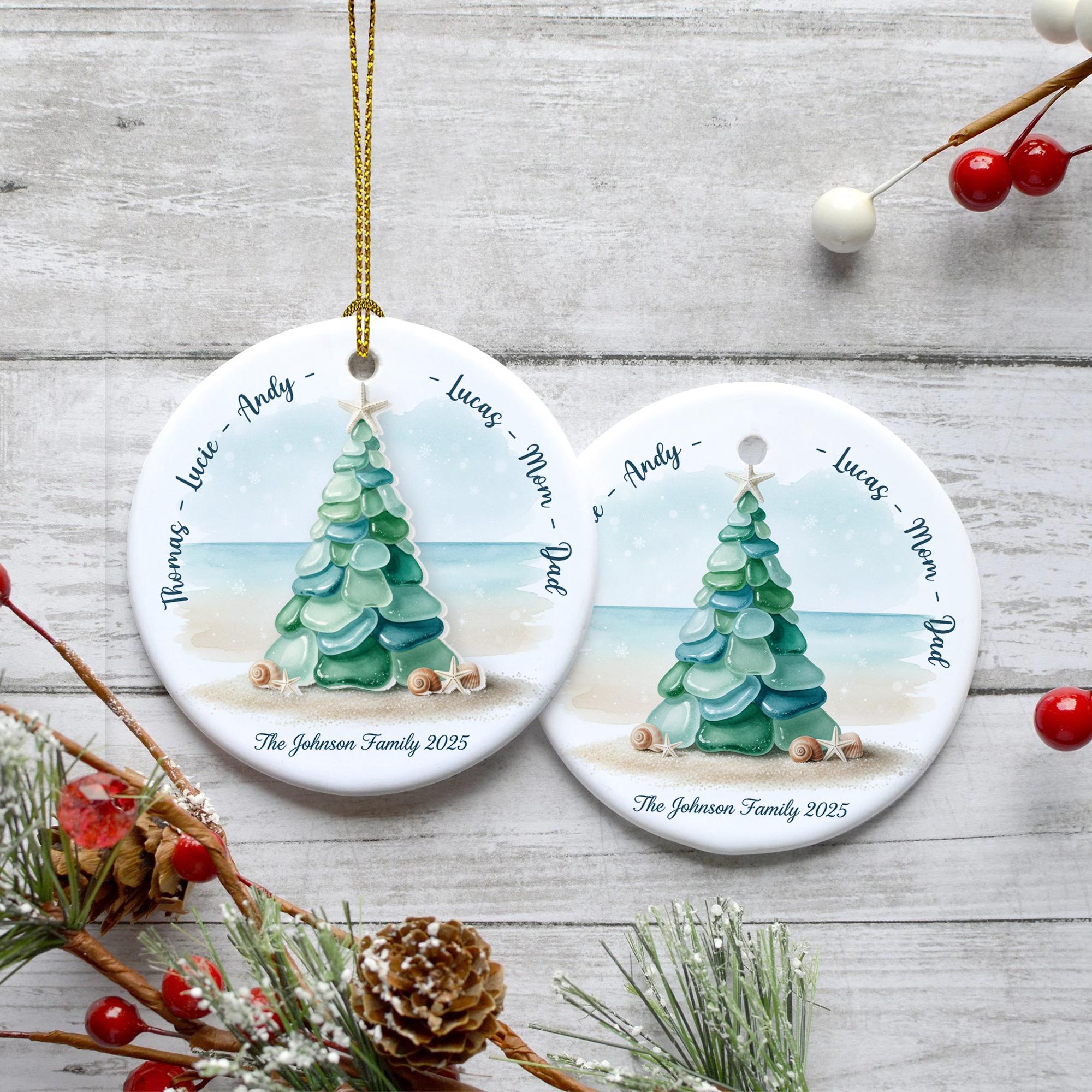 Custom Family Ornament, Ceramic and Acrylic Accent, Beach Christmas Decor, Family Xmas Tree Design