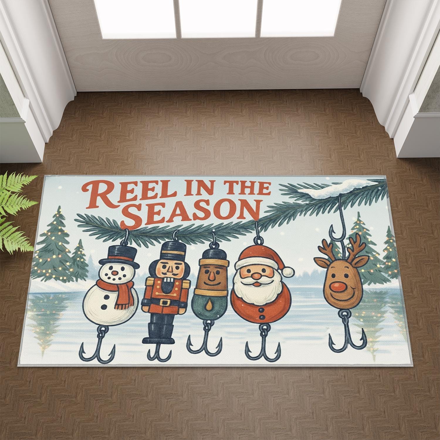 Reel in the Season Christmas Doormat – Fishing Holiday Door Mat, Funny Xmas Welcome Mat