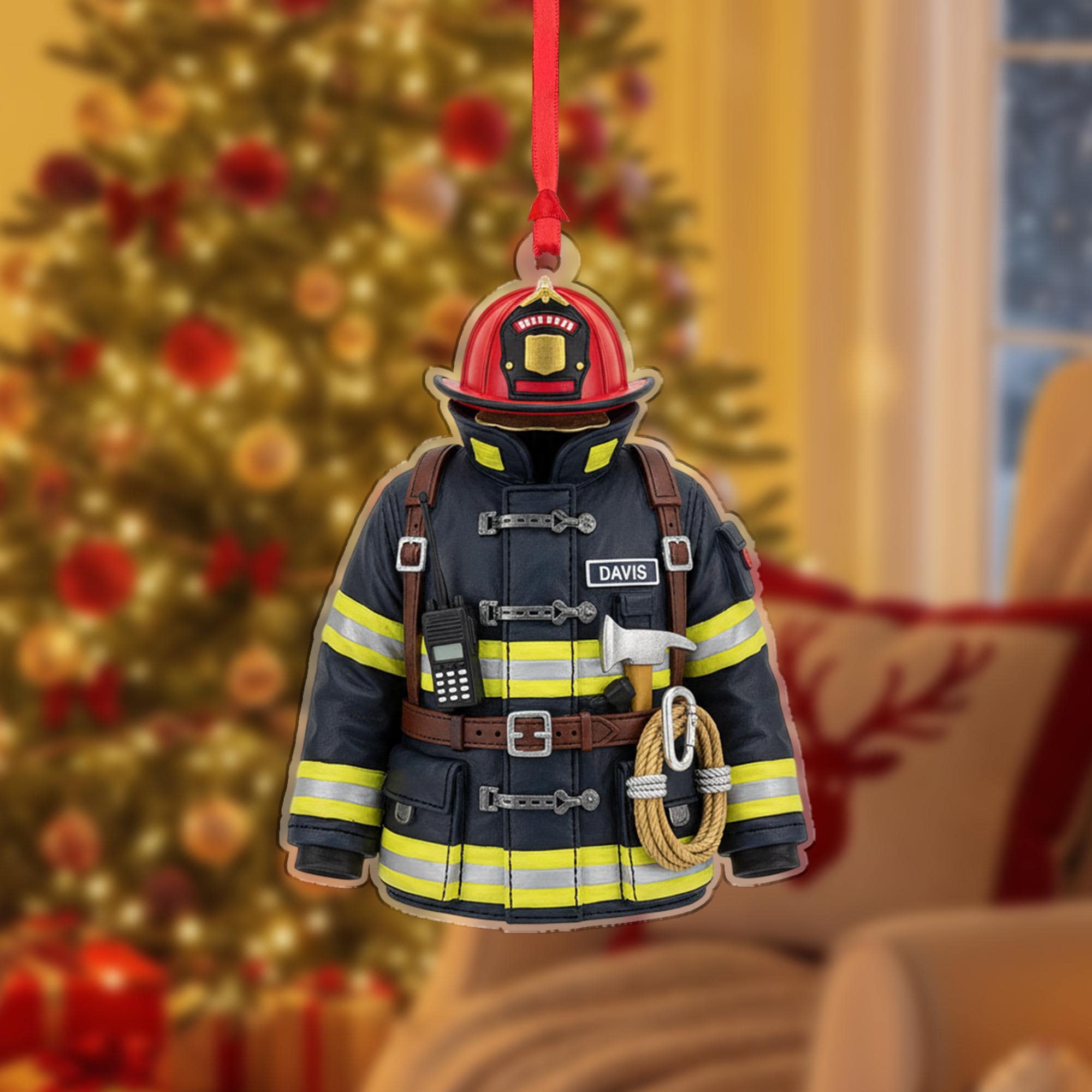Firefighter Ornament | Fire Dept Helmet & Gear Decor | Custom Emergency Decoration