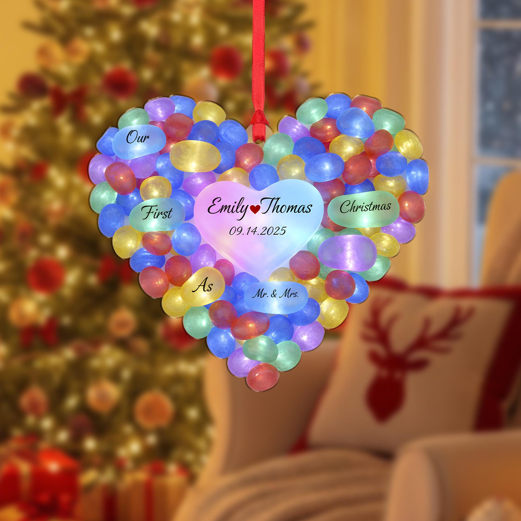 Personalized Heart Stone Christmas Ornament, Sea Style, Couple Names and Date