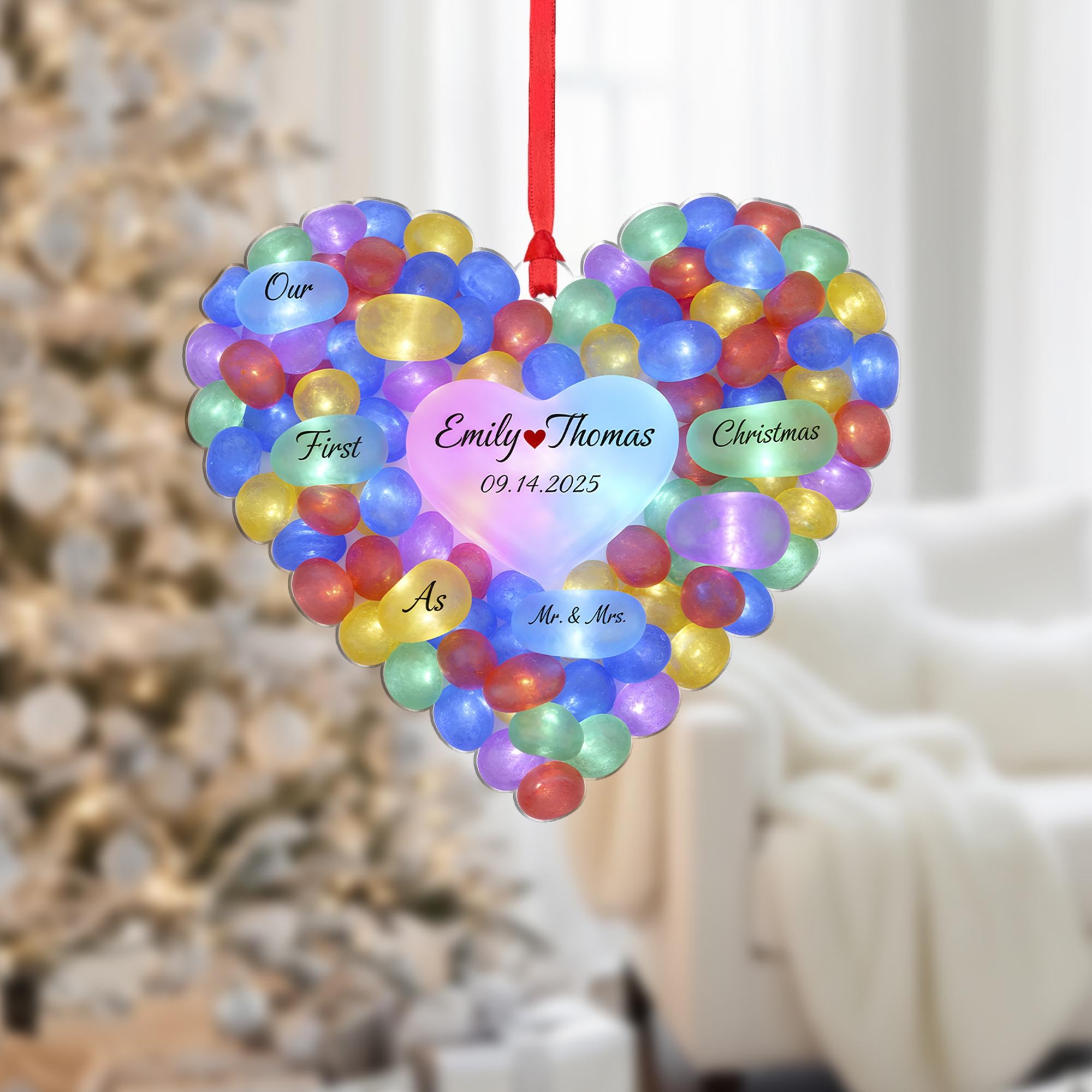Personalized Heart Stone Christmas Ornament, Sea Style, Couple Names and Date