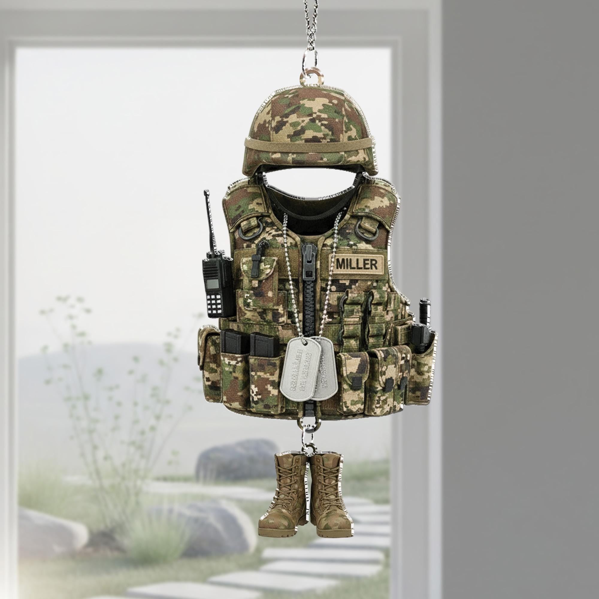 Militaristic Helmet & Vest Ornament – Camouflage Soldier Hanging Decor with Boots Charm