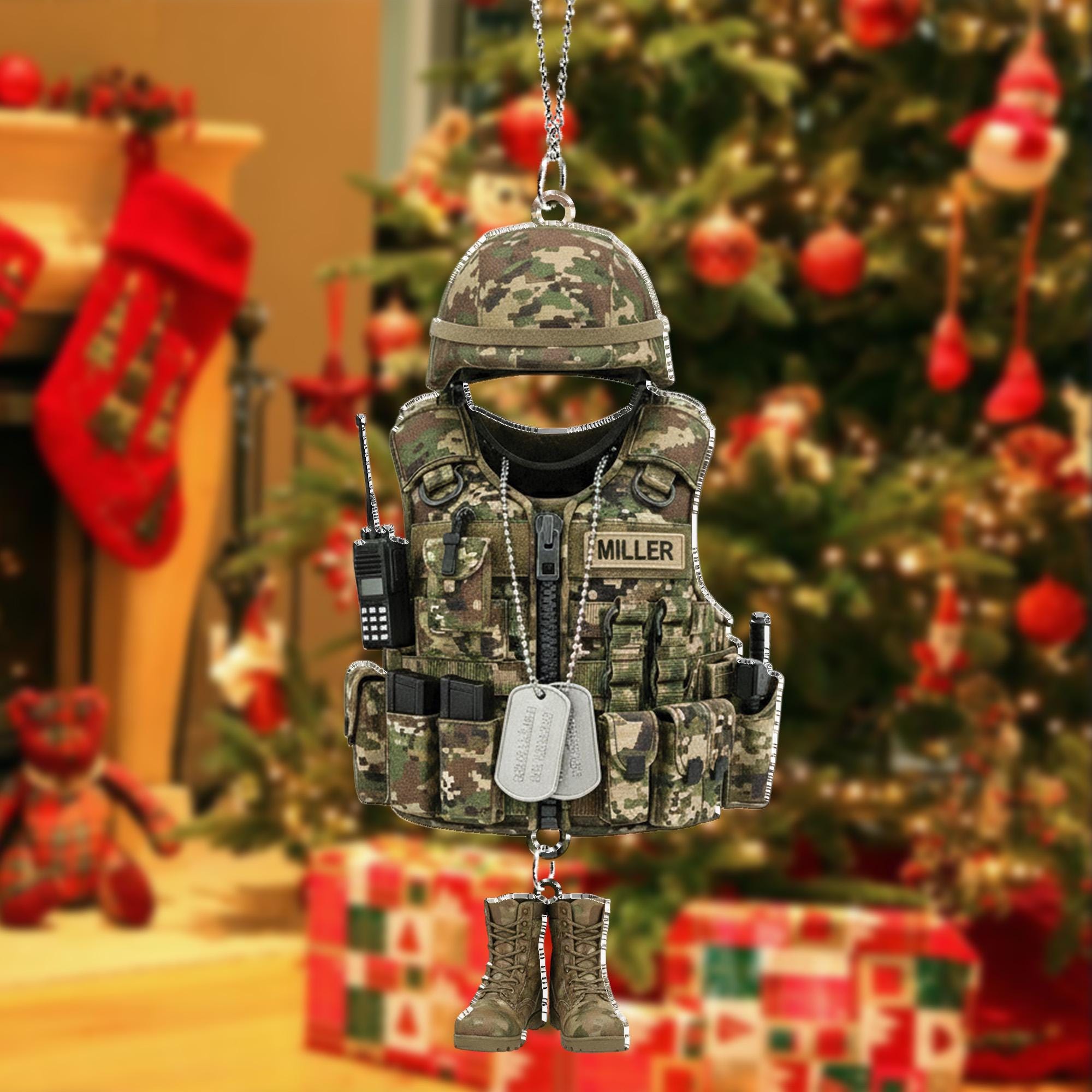 Militaristic Helmet & Vest Ornament – Camouflage Soldier Hanging Decor with Boots Charm
