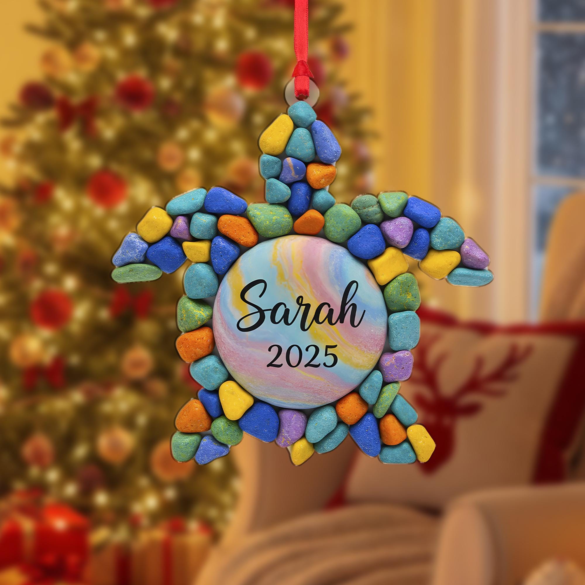 Personalized Turtle Stone Christmas Ornament, Sea Style, Custom Name and Year