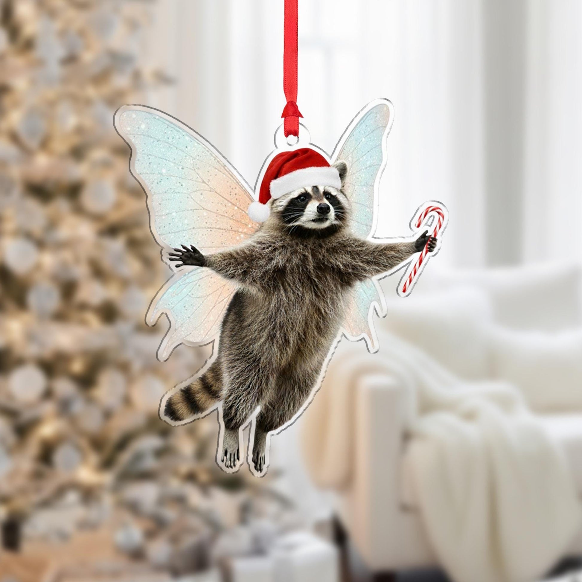 Raccoon Fairy Ornament – Candy Cane Christmas Animal Hanging Decoration