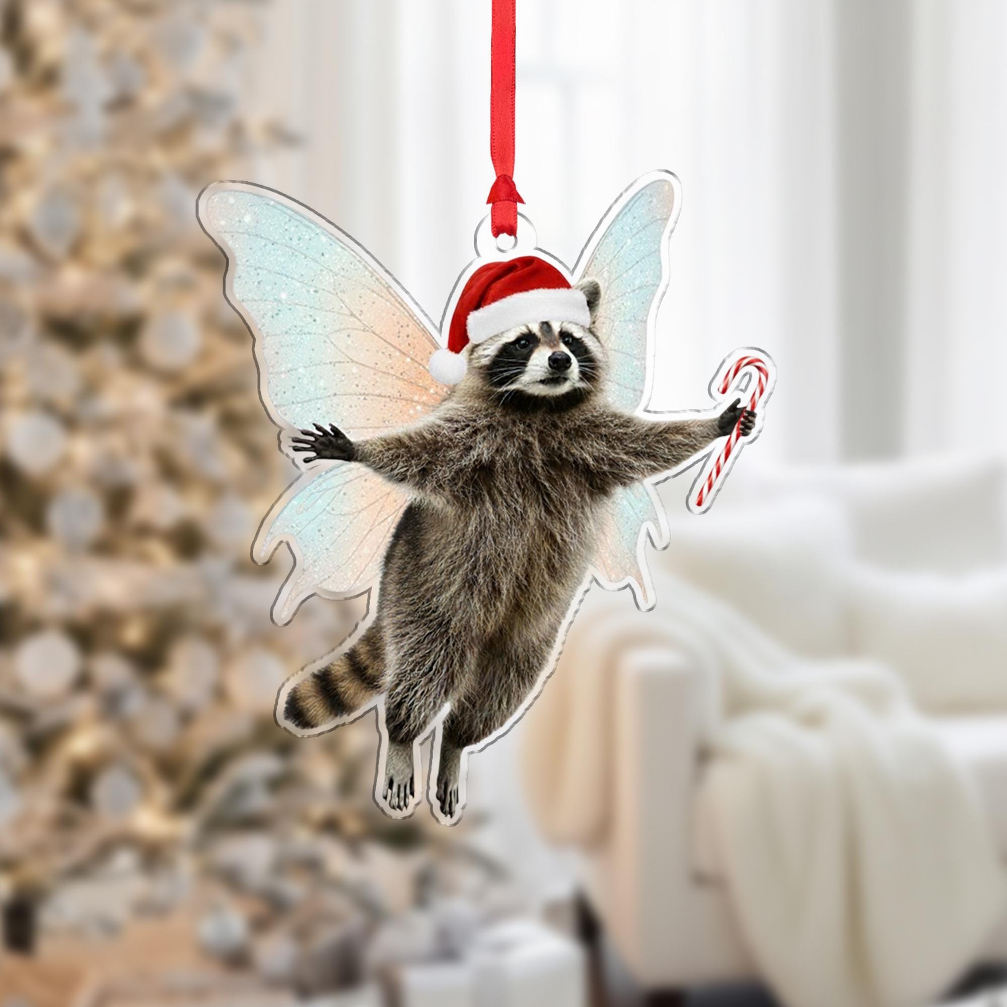 Raccoon Fairy Ornament – Candy Cane Christmas Animal Hanging Decoration