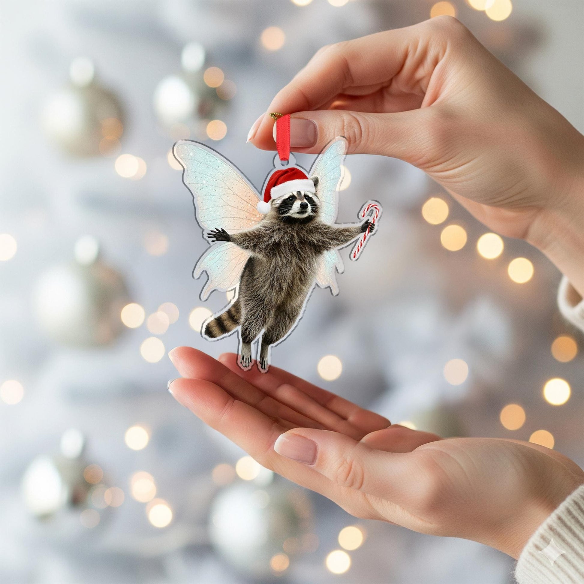Raccoon Fairy Ornament – Candy Cane Christmas Animal Hanging Decoration