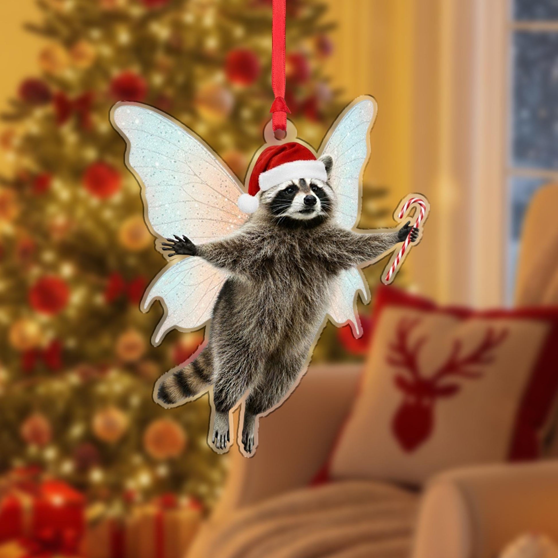 Raccoon Fairy Ornament – Candy Cane Christmas Animal Hanging Decoration