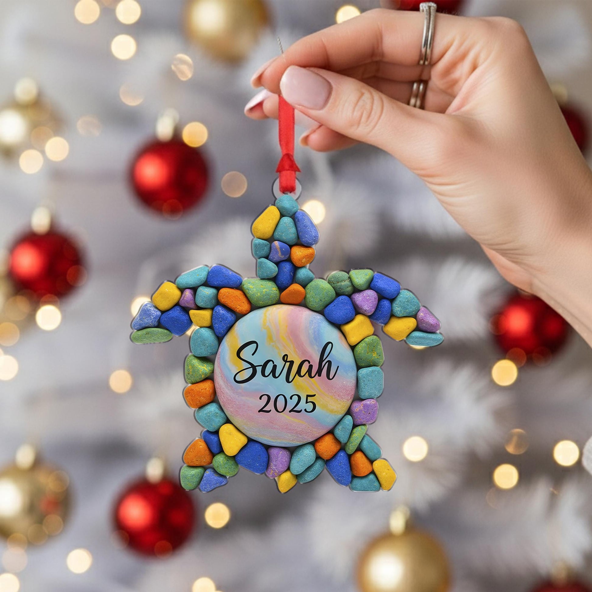 Personalized Turtle Stone Christmas Ornament, Sea Style, Custom Name and Year