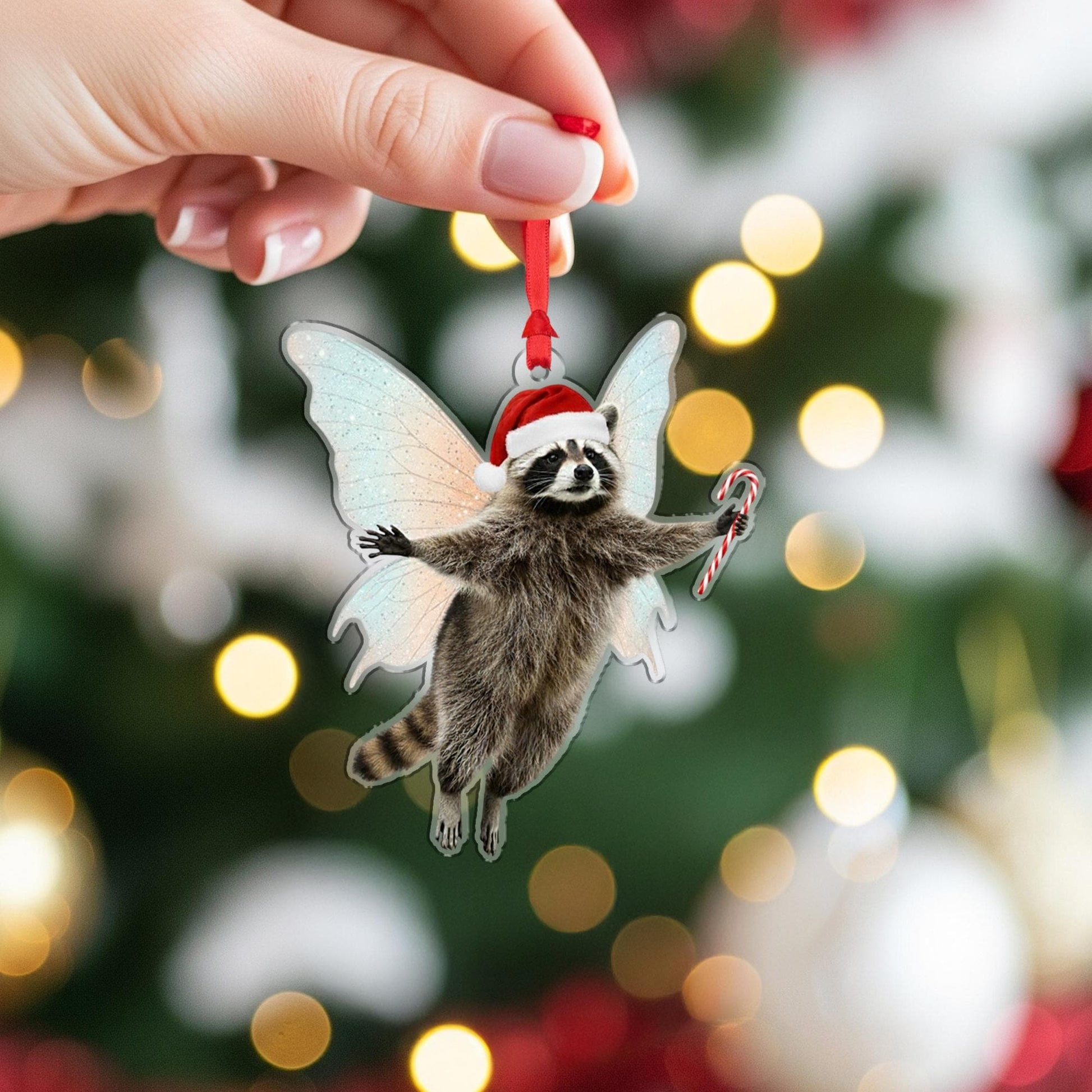 Raccoon Fairy Ornament – Candy Cane Christmas Animal Hanging Decoration