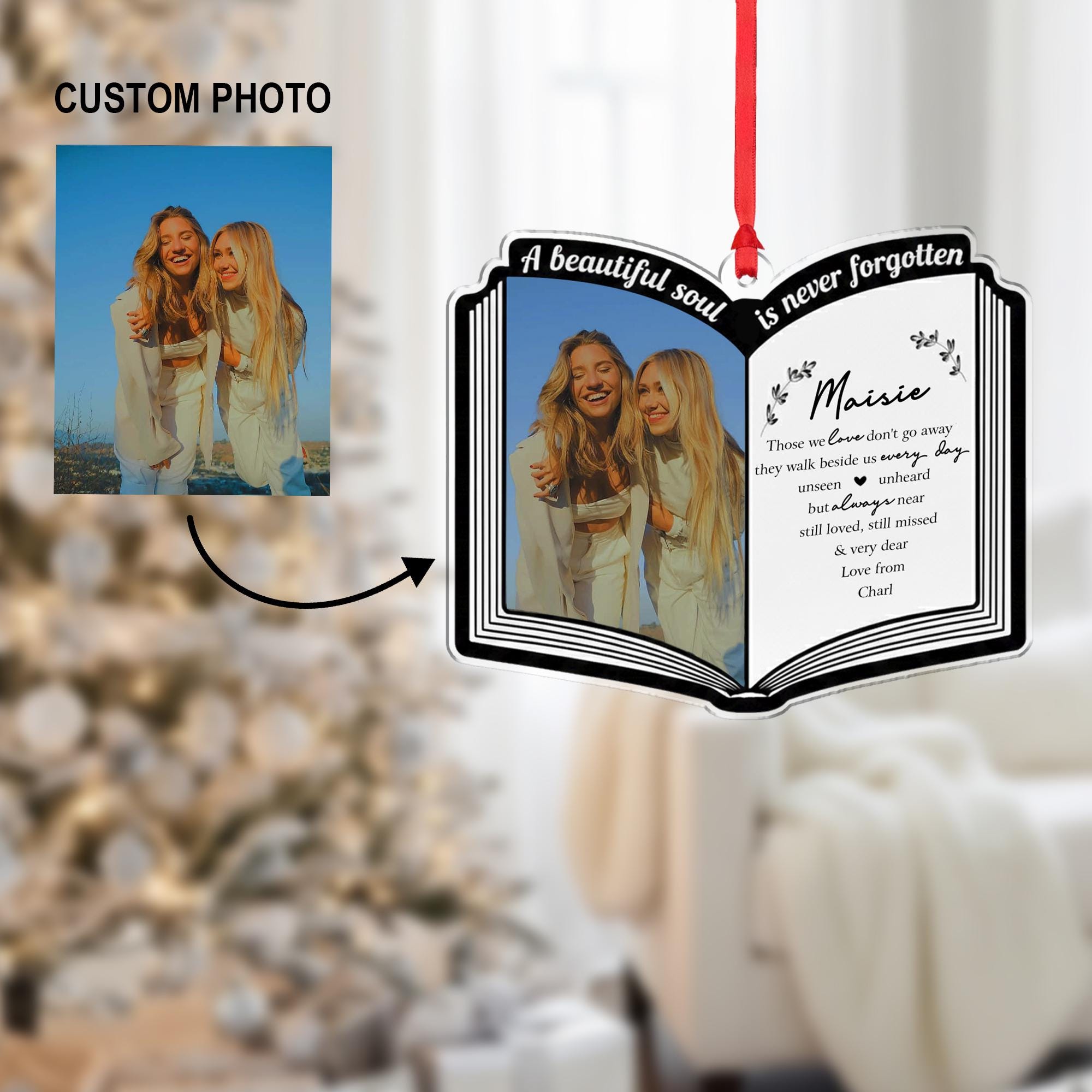 Book Shape Custom Photo Ornament, Personalized Name and Message, Memorial Keepsake