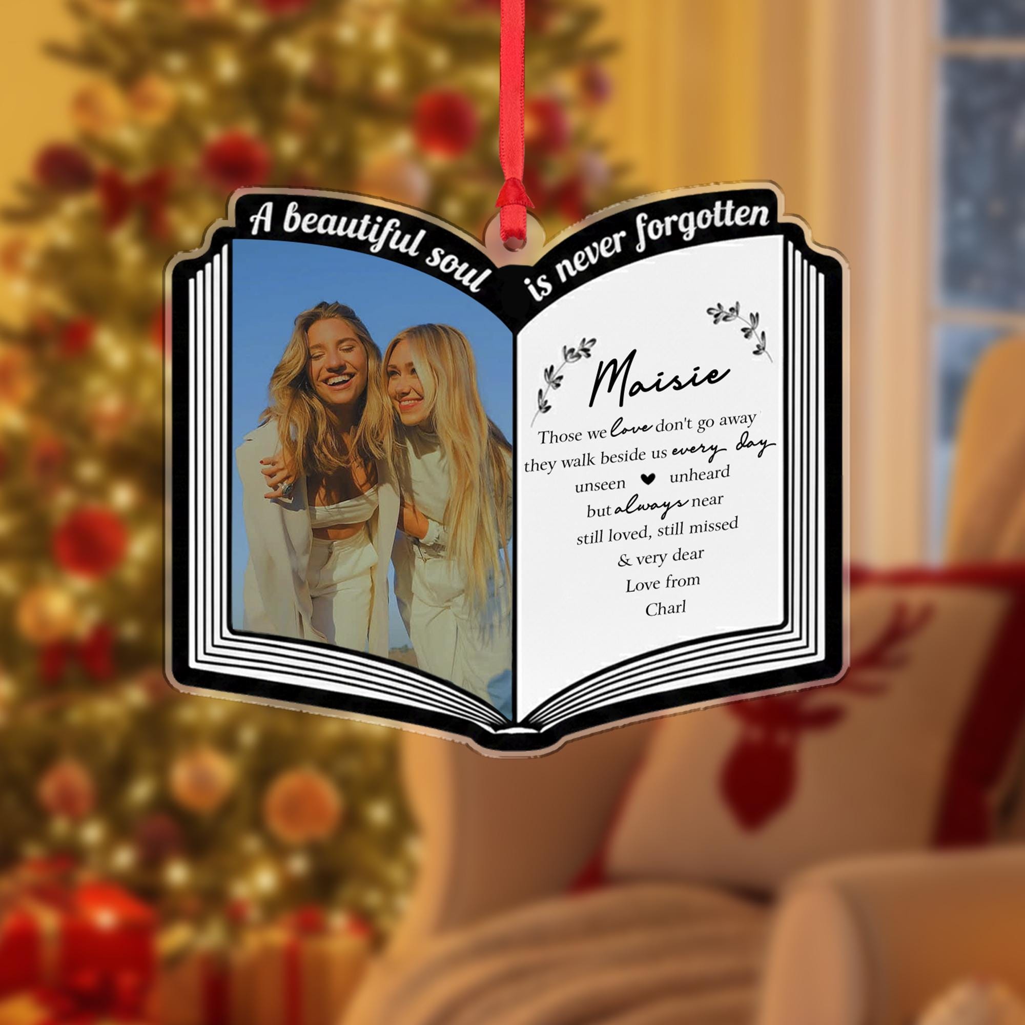 Book Shape Custom Photo Ornament, Personalized Name and Message, Memorial Keepsake