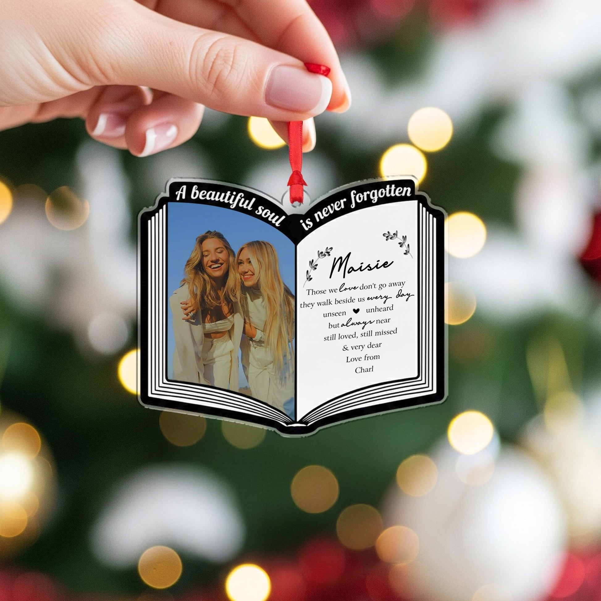 Book Shape Custom Photo Ornament, Personalized Name and Message, Memorial Keepsake