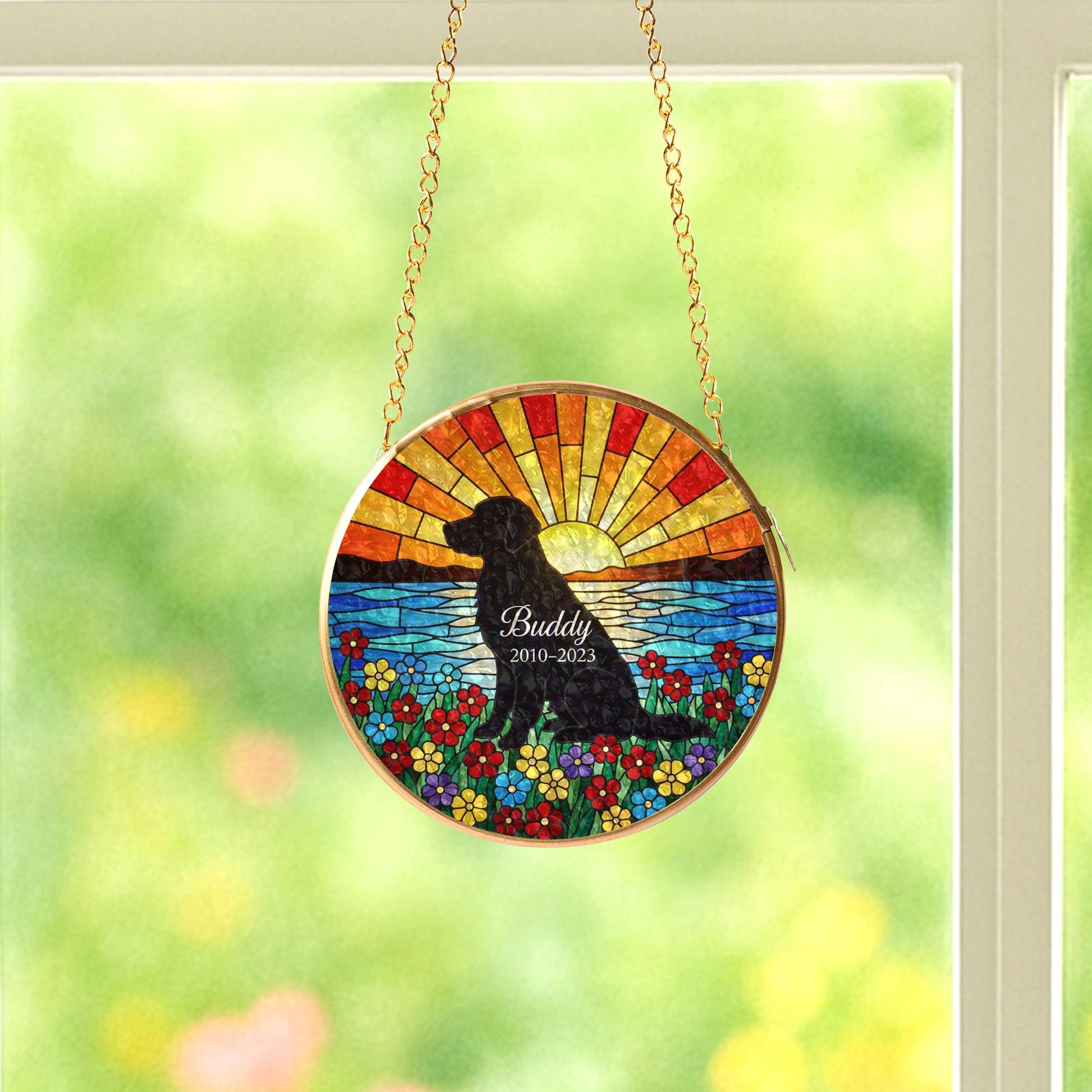 Custom Glass Pet Memorial Suncatcher: Dog Silhouette Sunset Flowers image 5