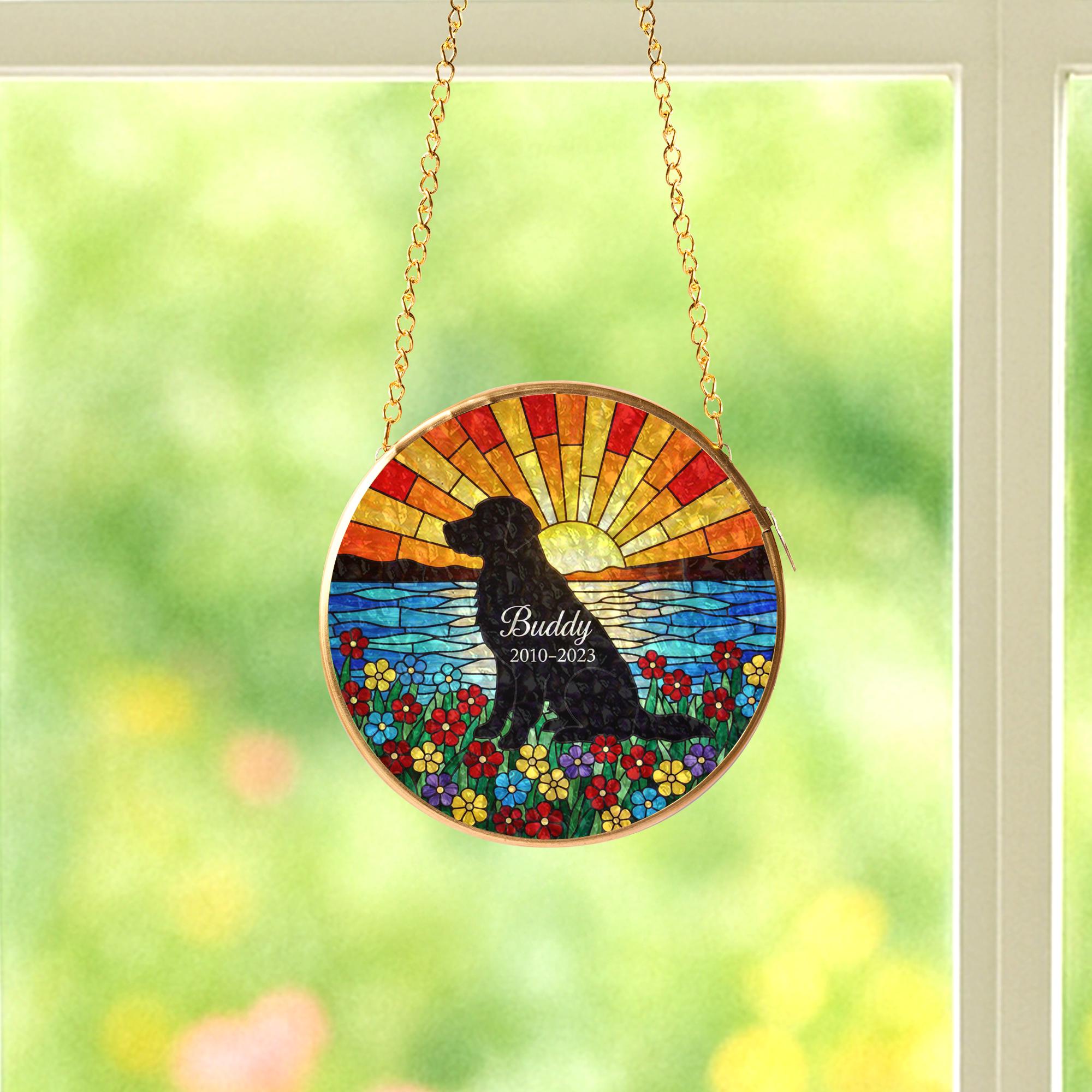 Custom Glass Pet Memorial Suncatcher: Dog Silhouette Sunset Flowers image 5