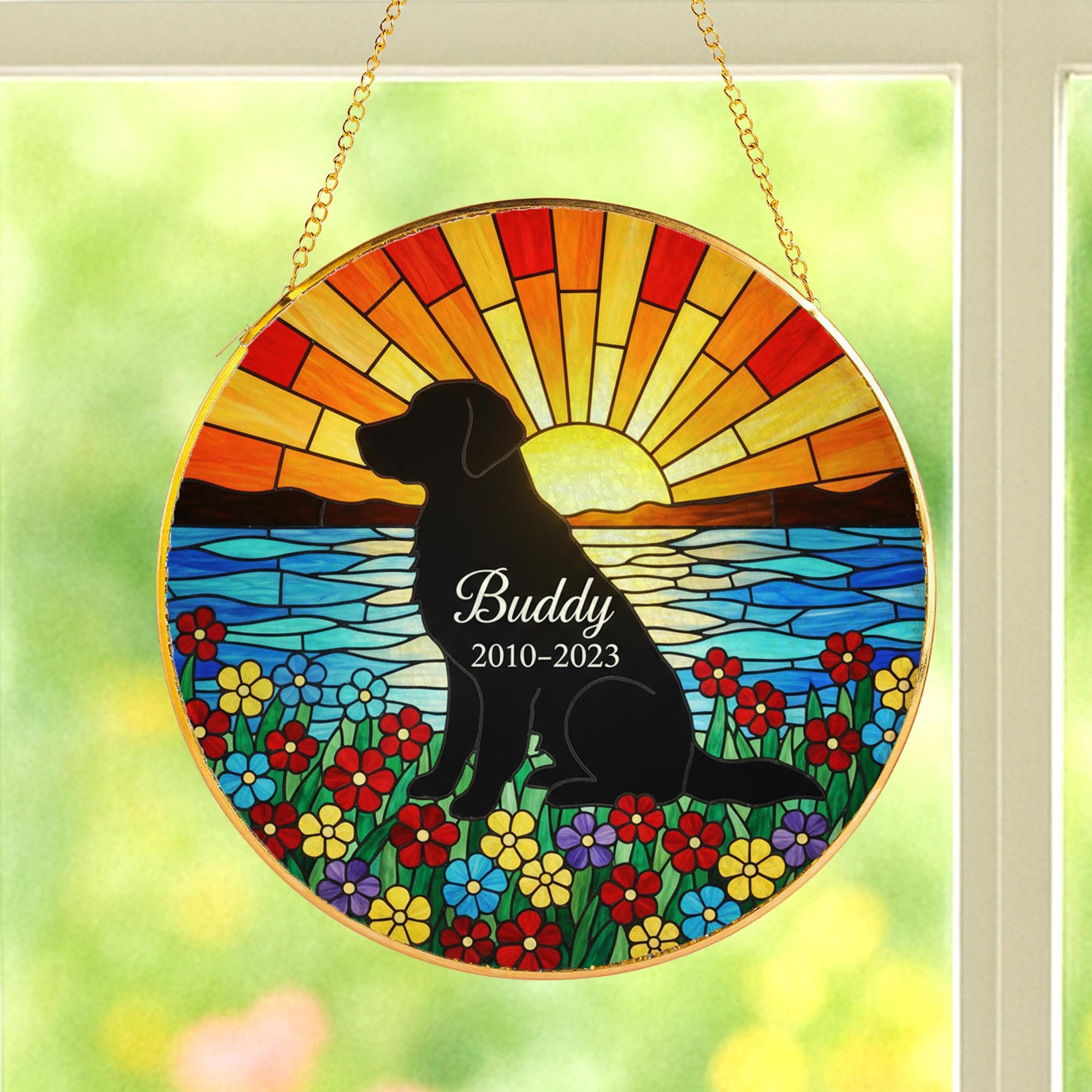 Custom Glass Pet Memorial Suncatcher: Dog Silhouette Sunset Flowers image 2