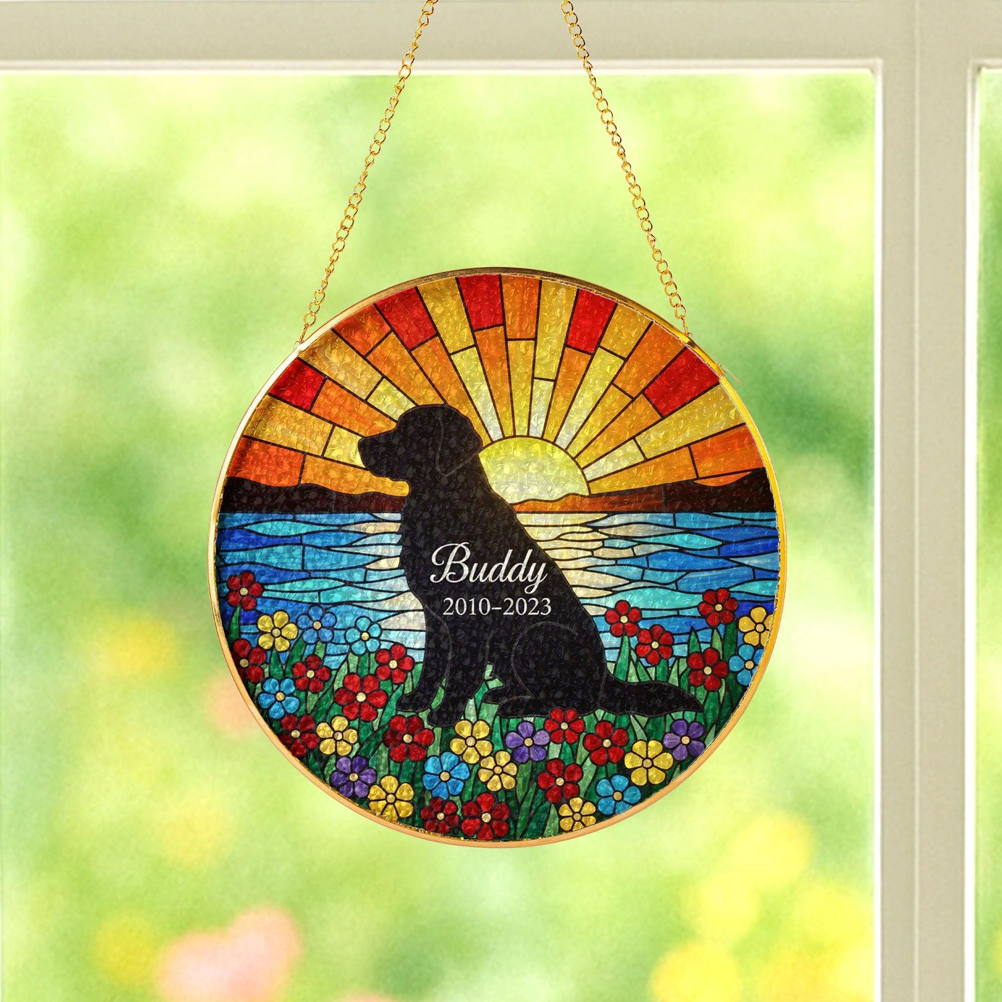 Custom Glass Pet Memorial Suncatcher: Dog Silhouette Sunset Flowers image 4