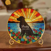 Custom Glass Pet Memorial Suncatcher: Dog Silhouette Sunset Flowers image 1