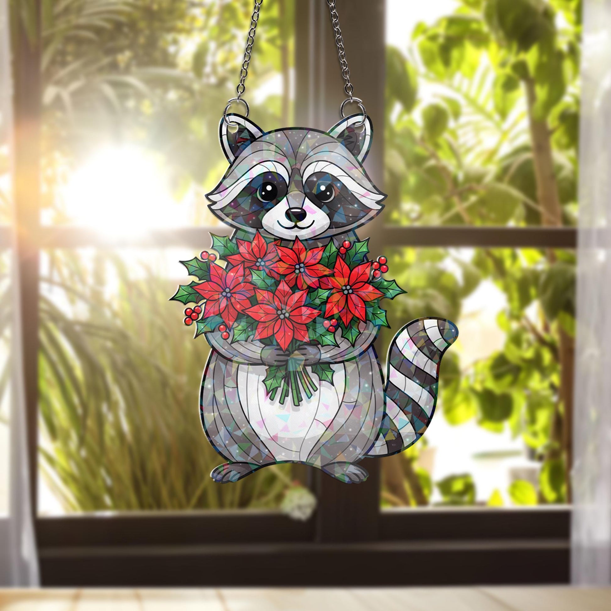 Raccoon Christmas Acrylic Hologram Window Hanging: Holiday Suncatcher Decor
