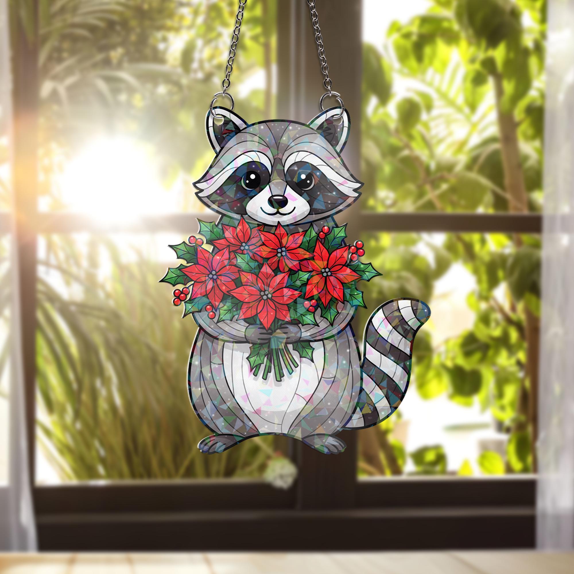 Raccoon Christmas Acrylic Hologram Window Hanging: Holiday Suncatcher Decor