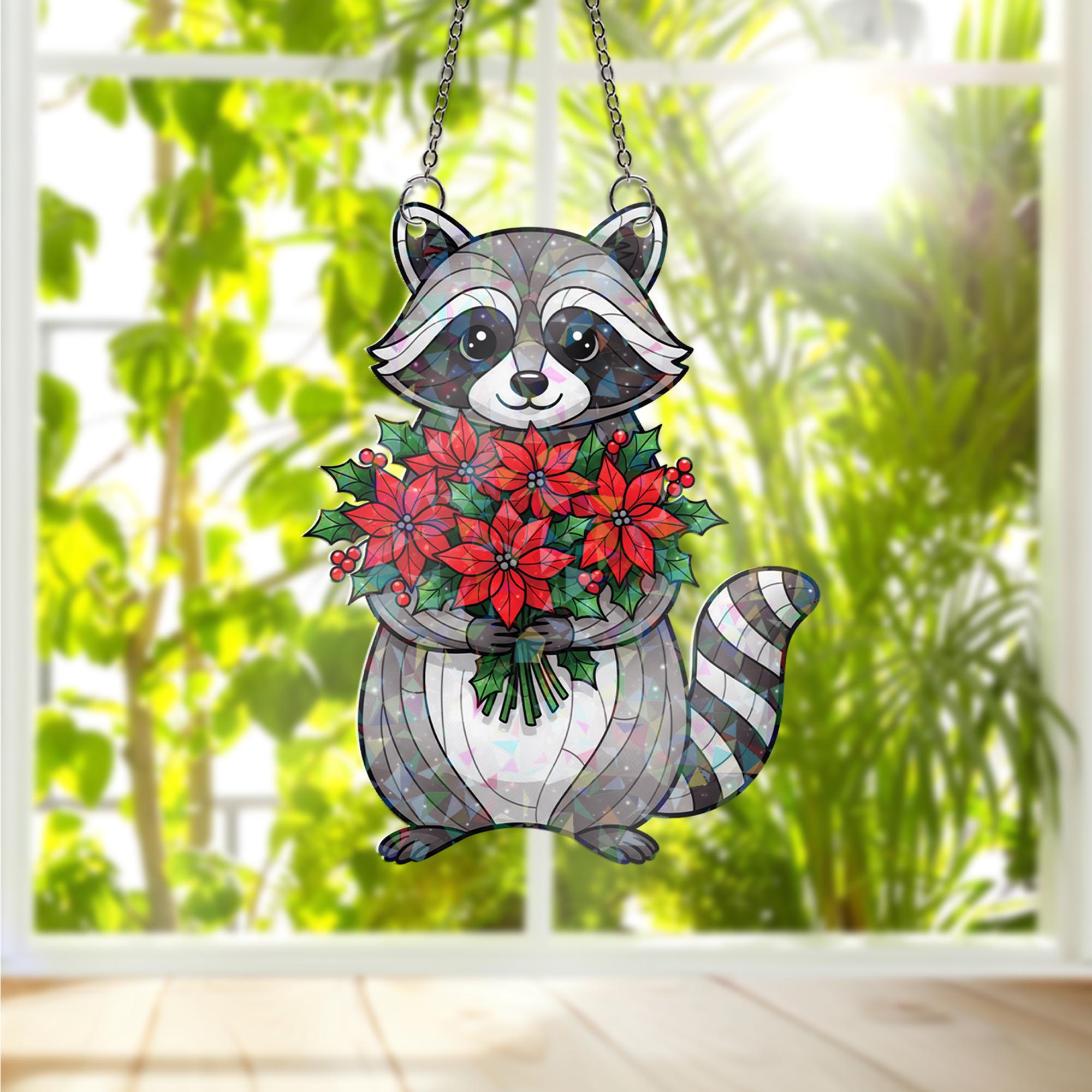 Raccoon Christmas Acrylic Hologram Window Hanging: Holiday Suncatcher Decor