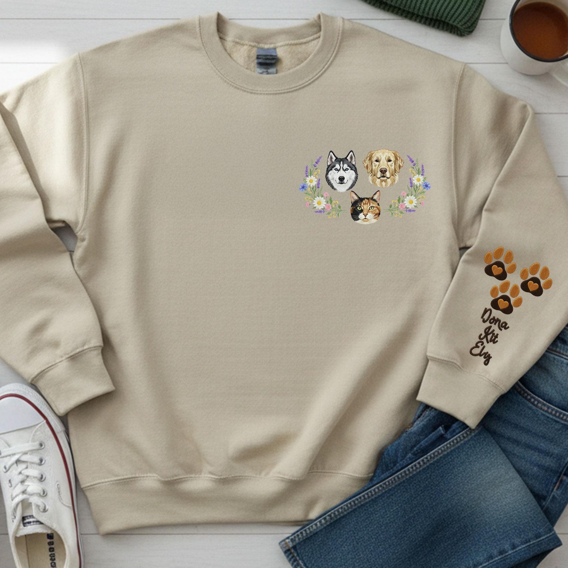 Personalized Pet Portrait Sweatshirt: Custom Embroidered Crewneck with Sleeve Names