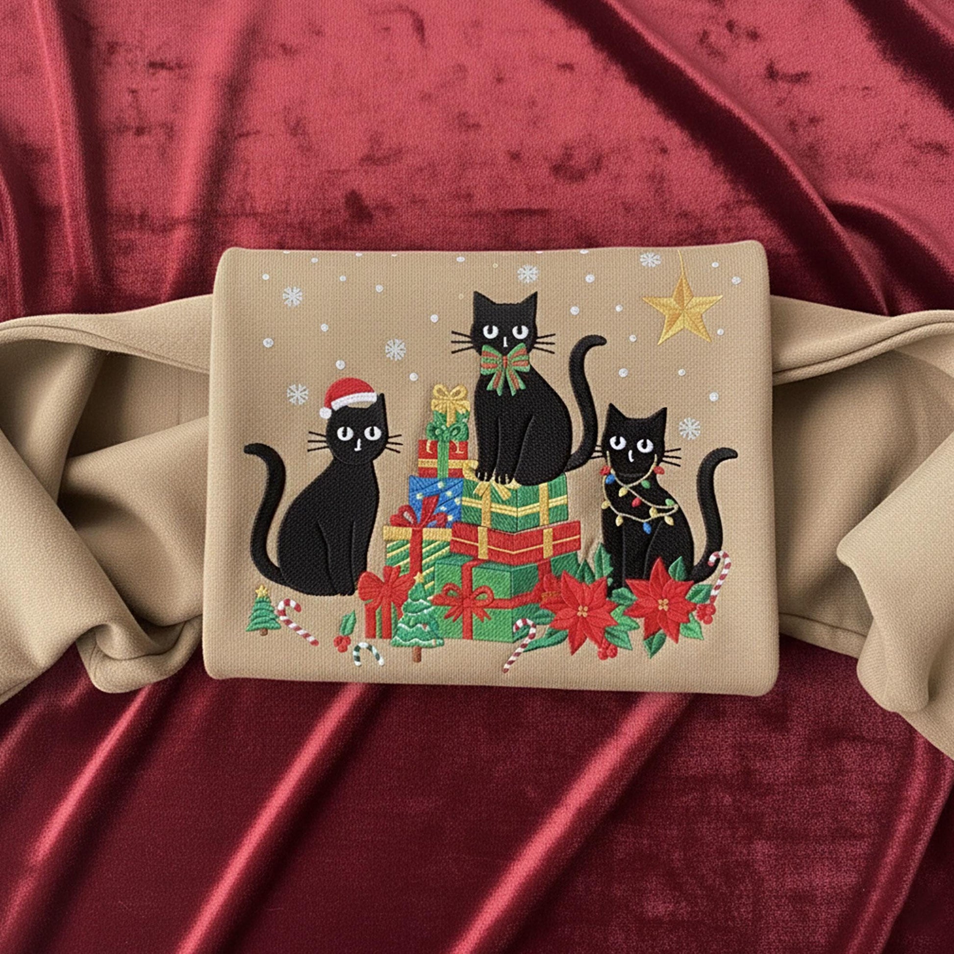 Christmas Black Cat Embroidered Sweatshirt: Festive Holiday Cat Crewneck