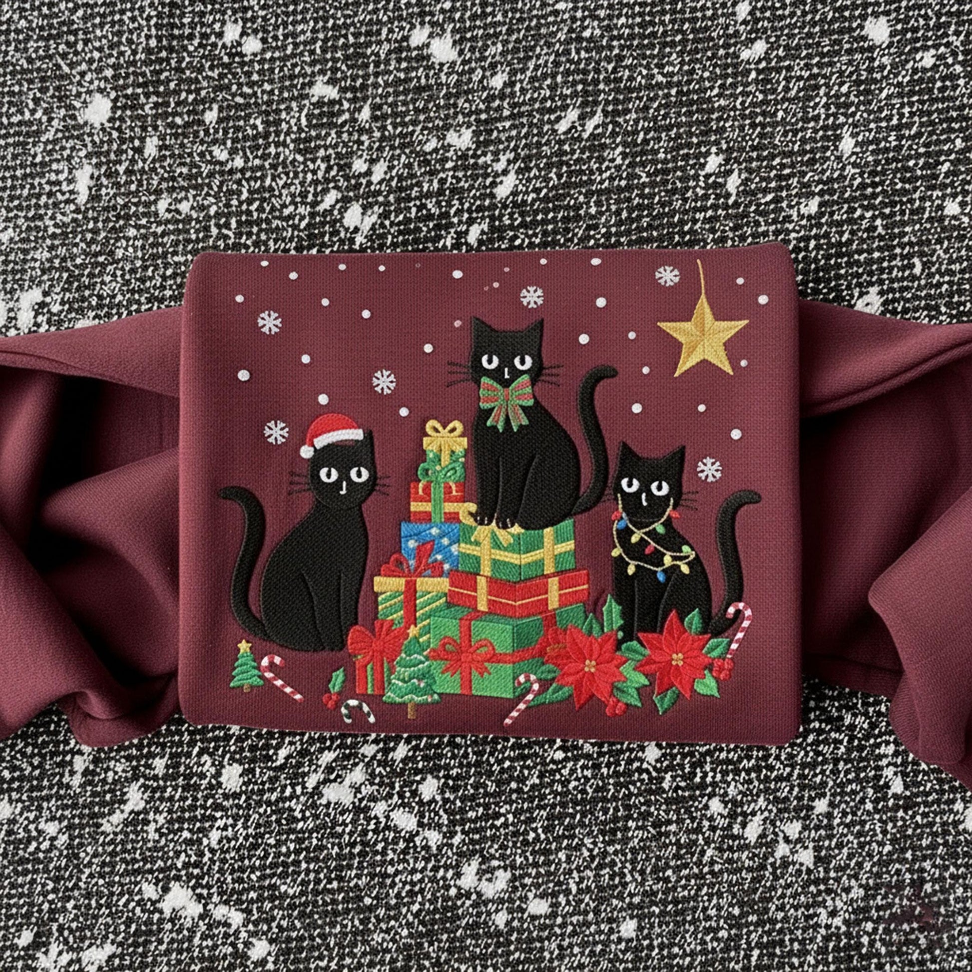 Christmas Black Cat Embroidered Sweatshirt: Festive Holiday Cat Crewneck