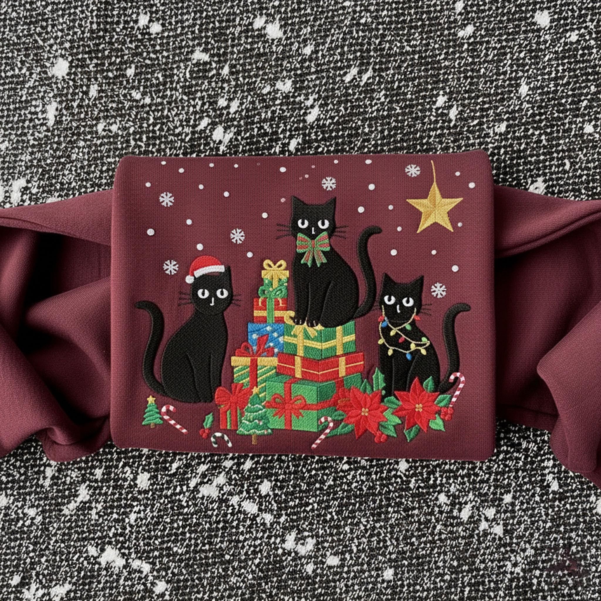 Christmas Black Cat Embroidered Sweatshirt: Festive Holiday Cat Crewneck