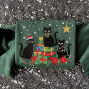 Christmas Black Cat Embroidered Sweatshirt: Festive Holiday Cat Crewneck