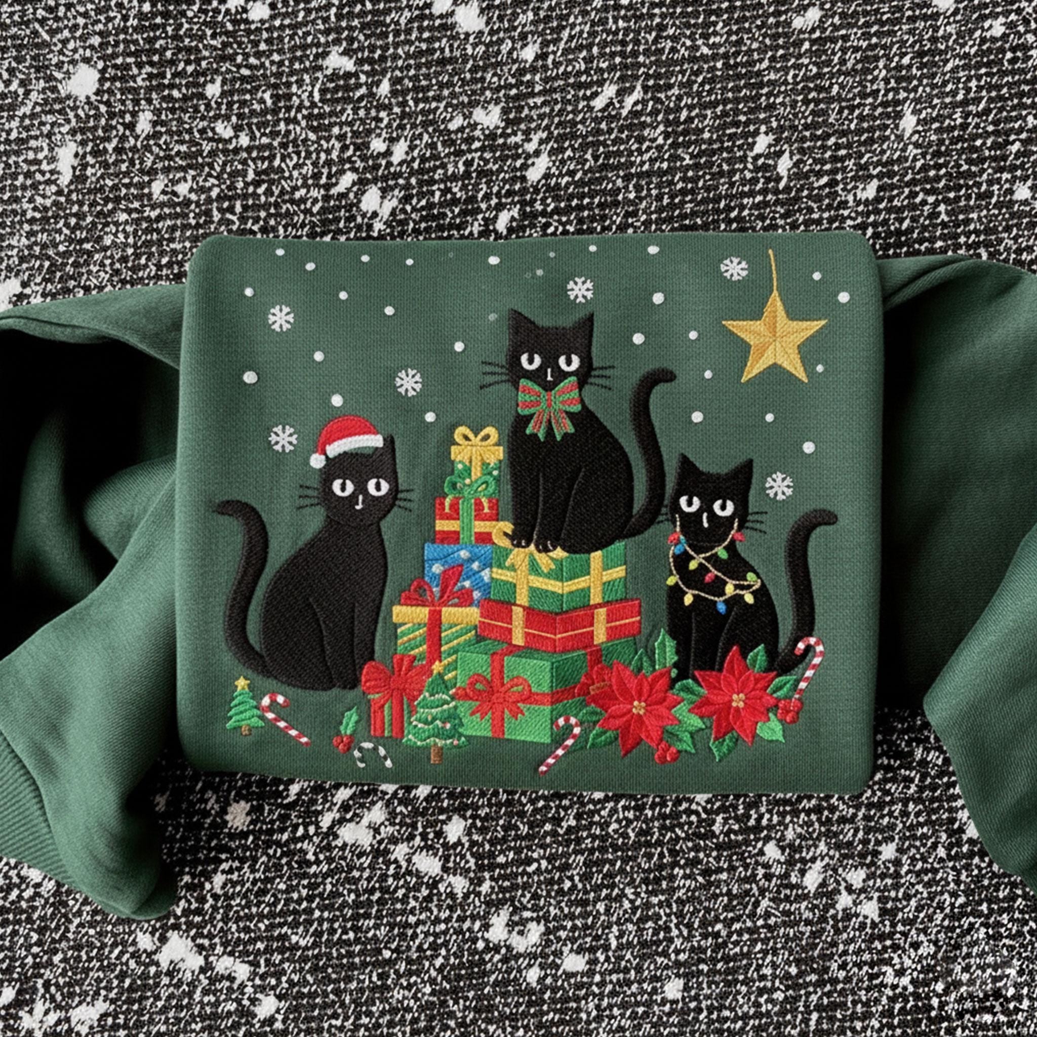 Christmas Black Cat Embroidered Sweatshirt: Festive Holiday Cat Crewneck
