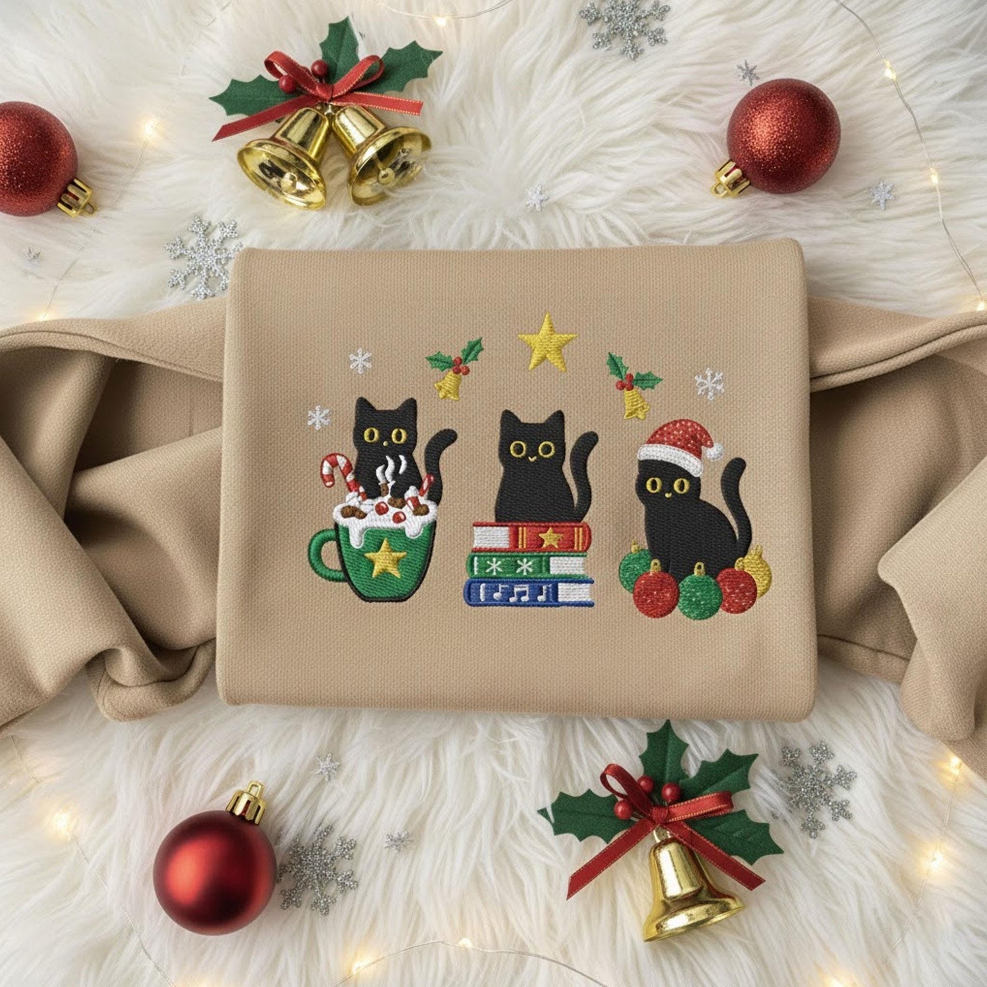 Christmas Cats Embroidered Sweatshirt: Festive Book Lover Holiday Crewneck