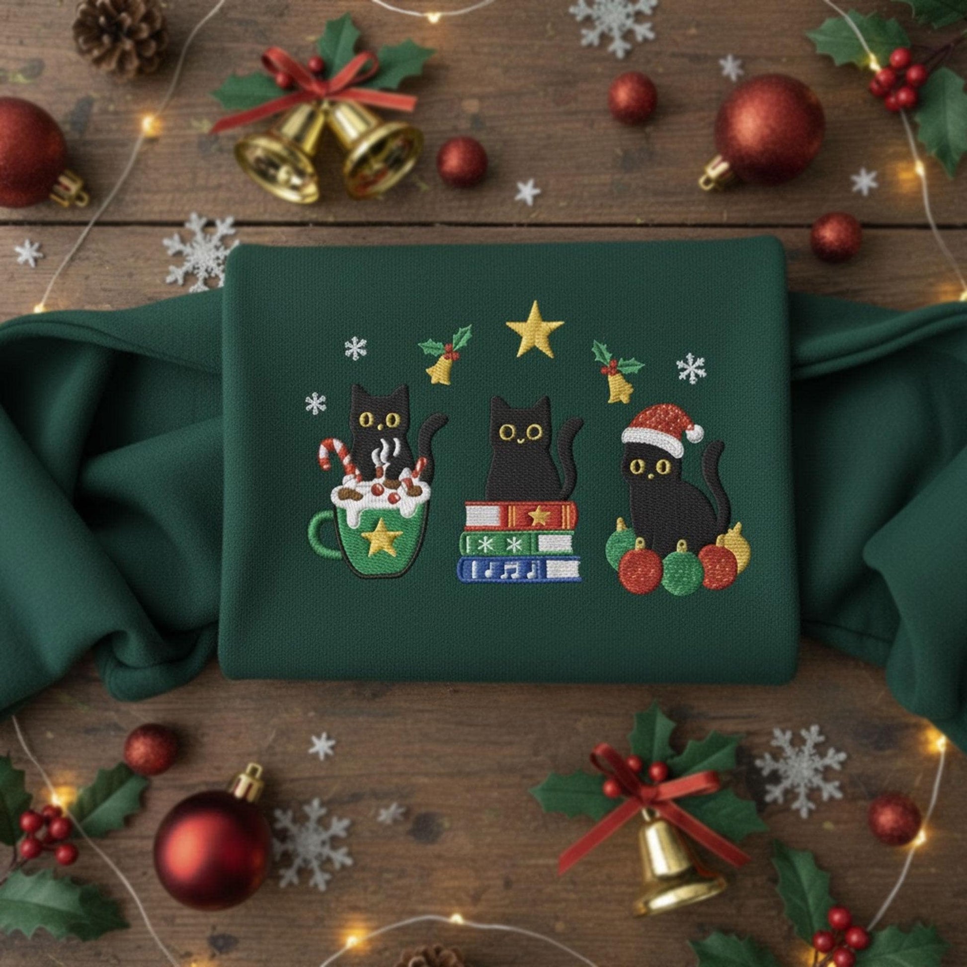 Christmas Cats Embroidered Sweatshirt: Festive Book Lover Holiday Crewneck