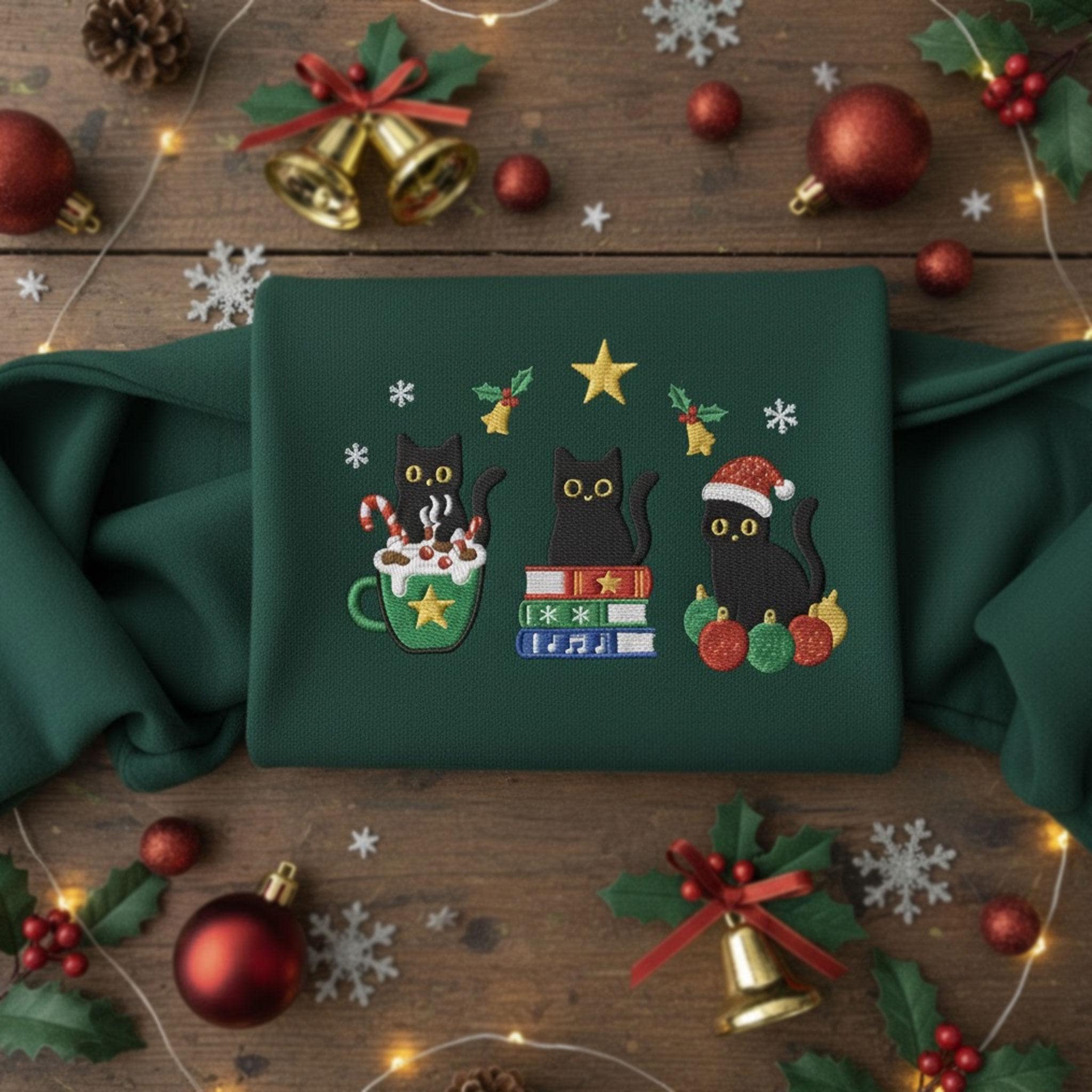 Christmas Cats Embroidered Sweatshirt: Festive Book Lover Holiday Crewneck