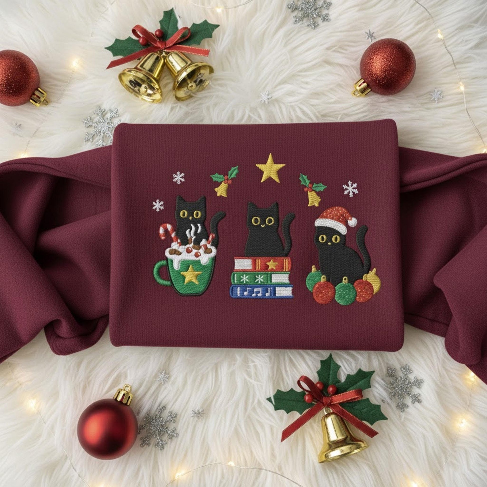 Christmas Cats Embroidered Sweatshirt: Festive Book Lover Holiday Crewneck