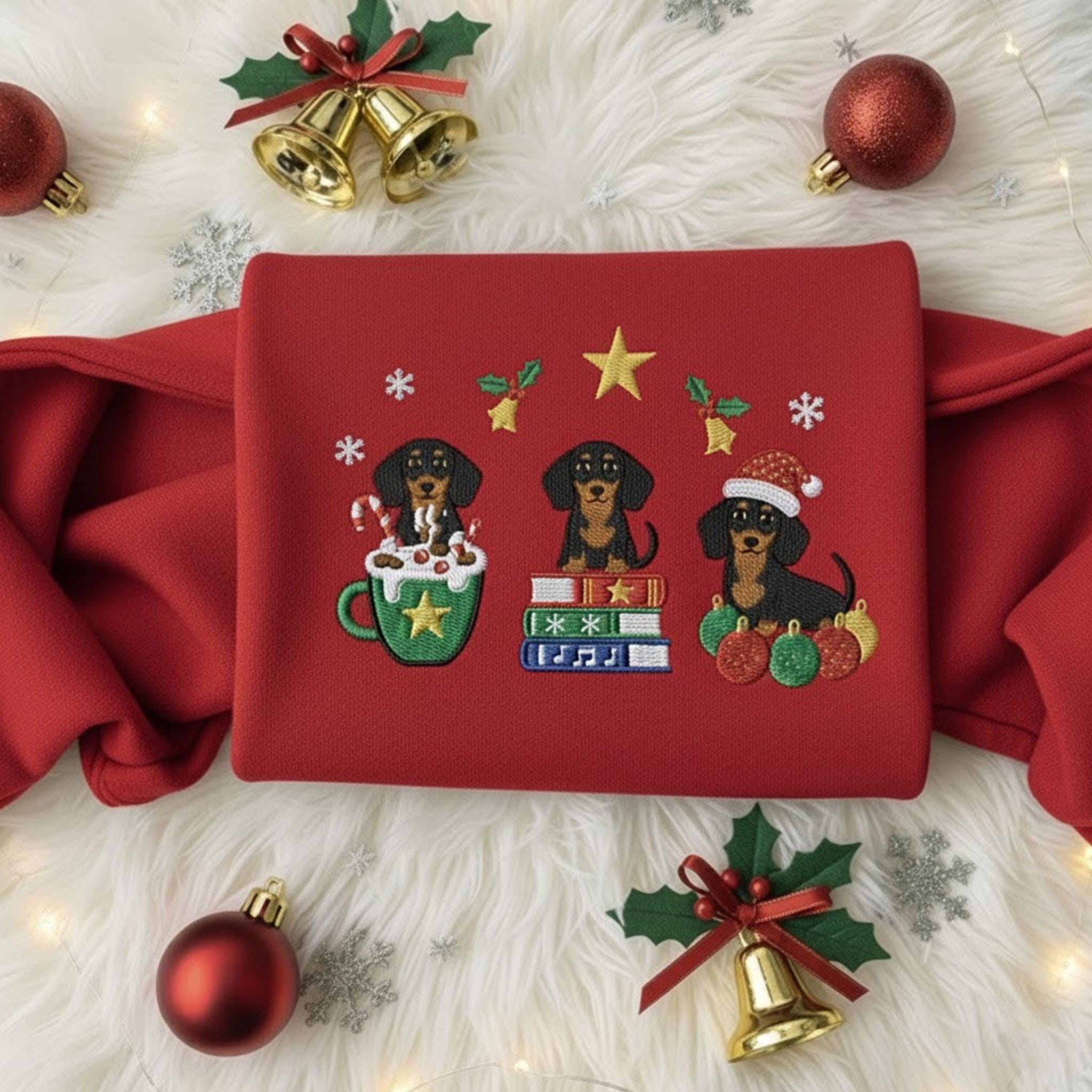 Christmas Dachshund Embroidered Sweatshirt: Festive Holiday Doxie Crewneck