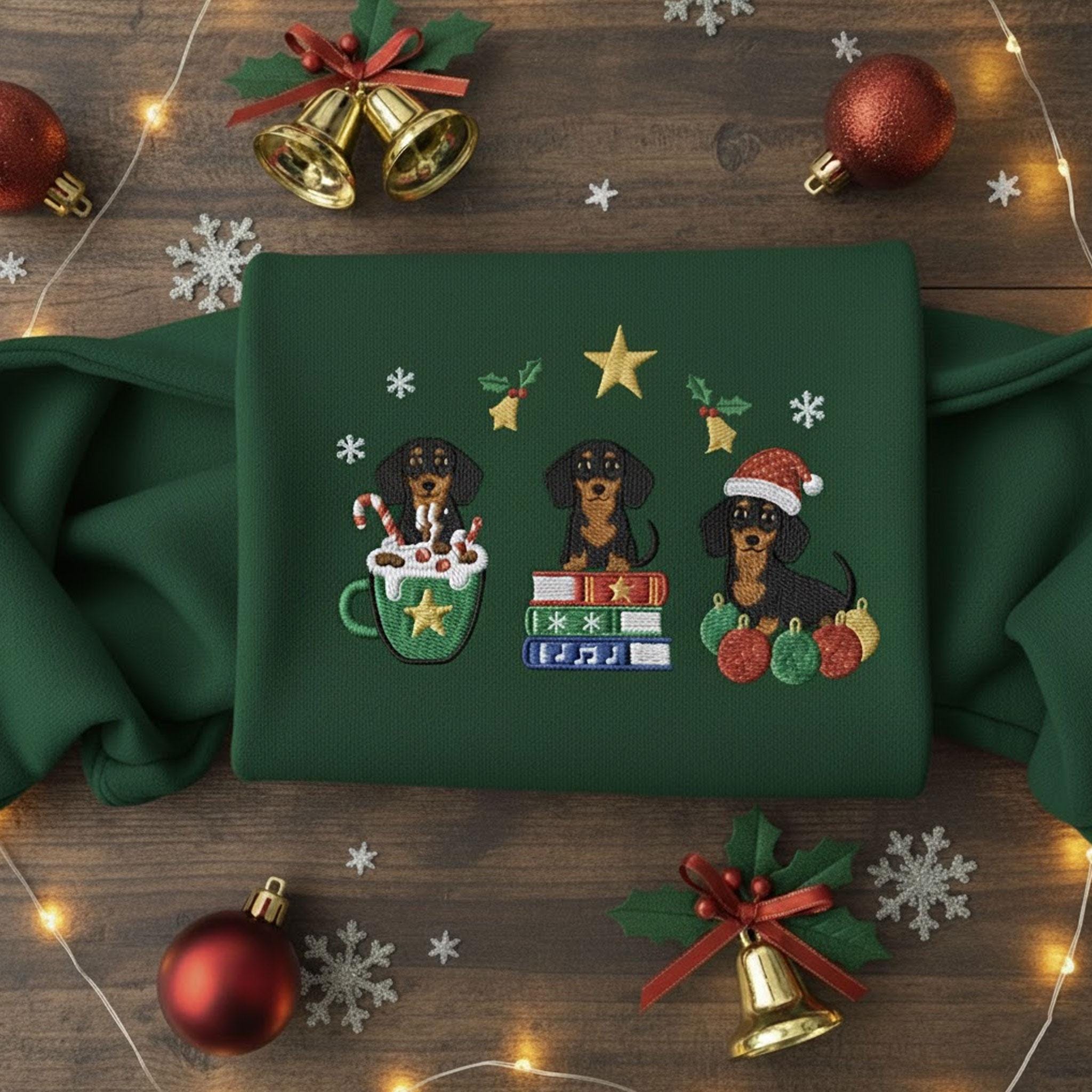 Christmas Dachshund Embroidered Sweatshirt: Festive Holiday Doxie Crewneck