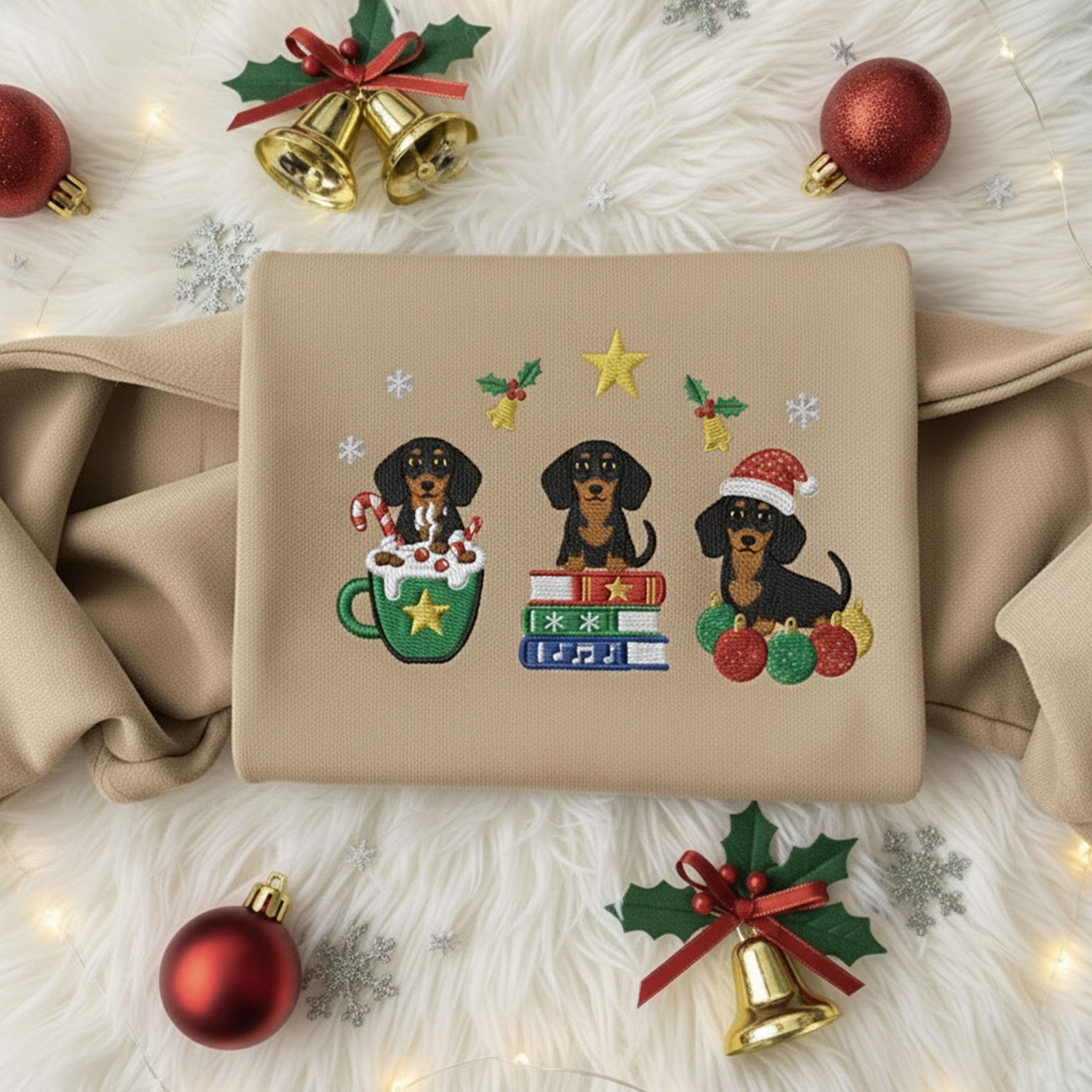 Christmas Dachshund Embroidered Sweatshirt: Festive Holiday Doxie Crewneck