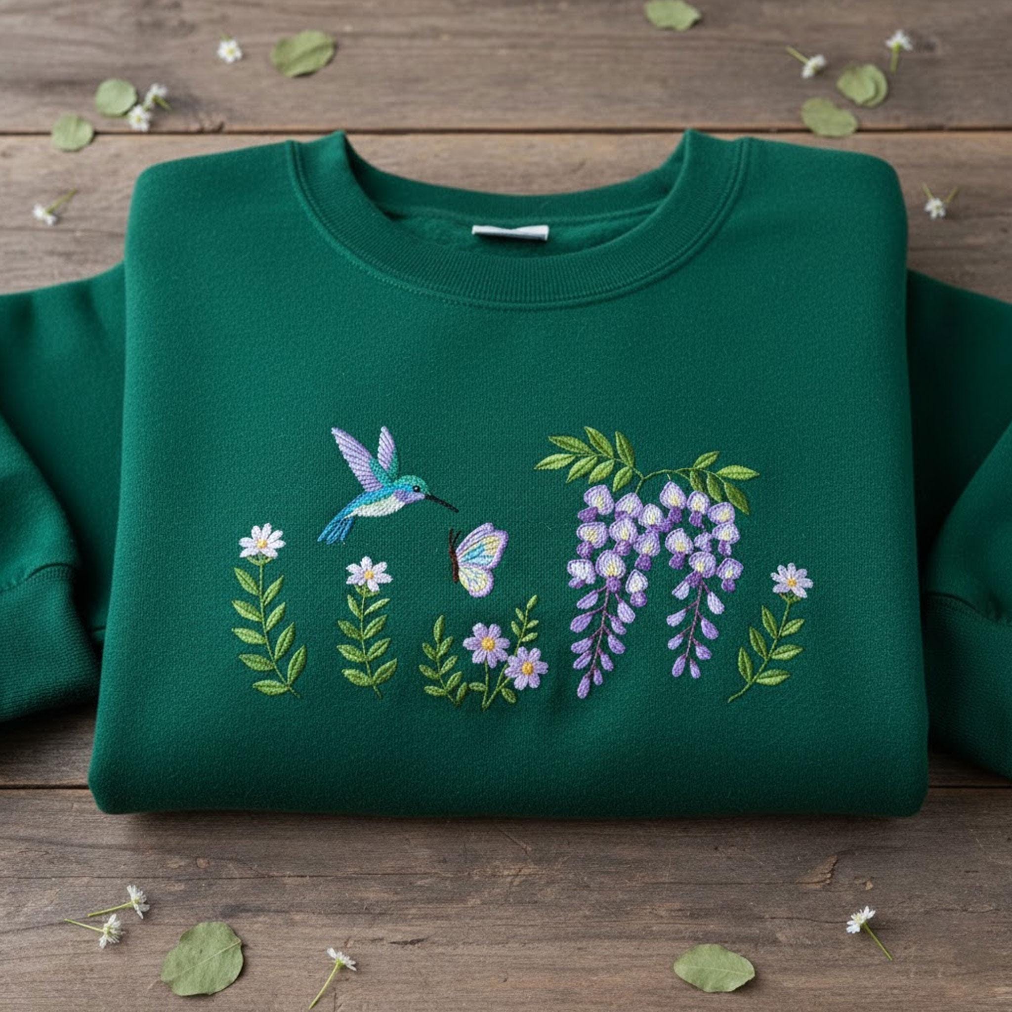 Embroidered Hummingbird Sweatshirt: Pink Wisteria Butterfly Garden Crewneck