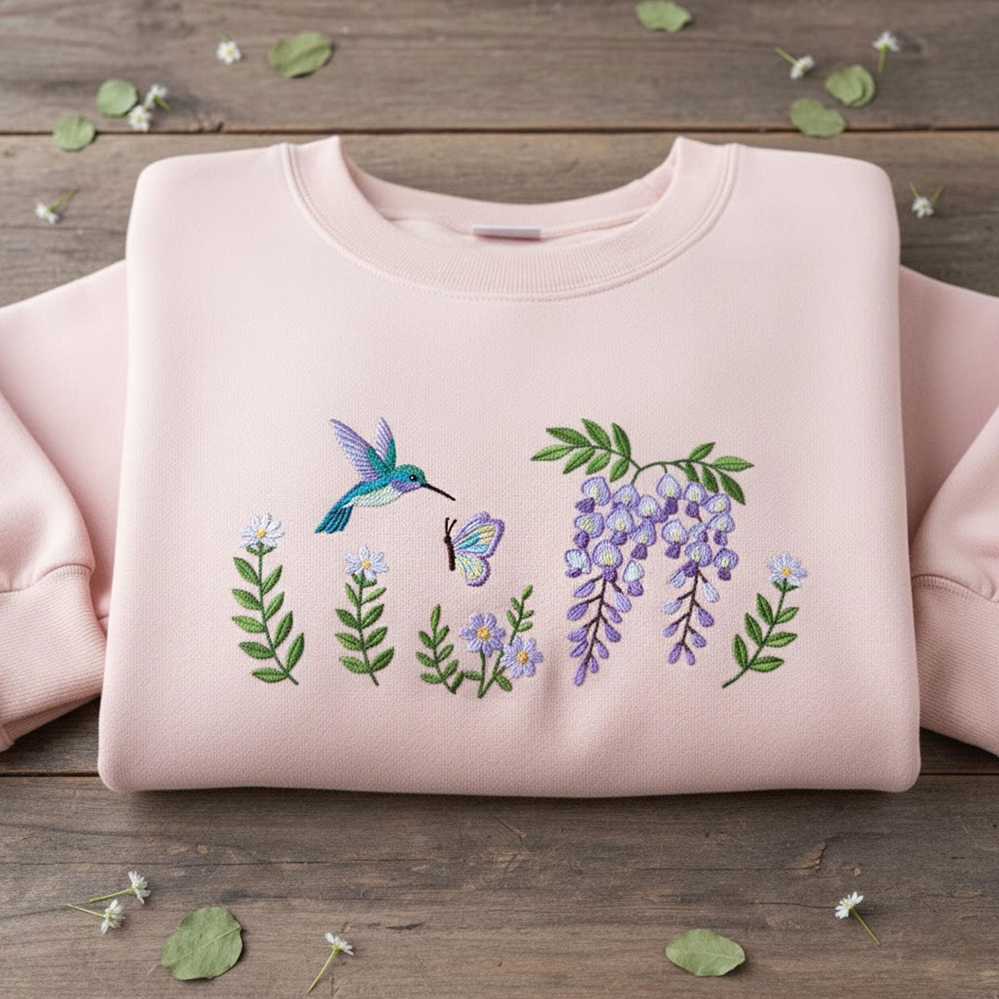 Embroidered Hummingbird Sweatshirt: Pink Wisteria Butterfly Garden Crewneck