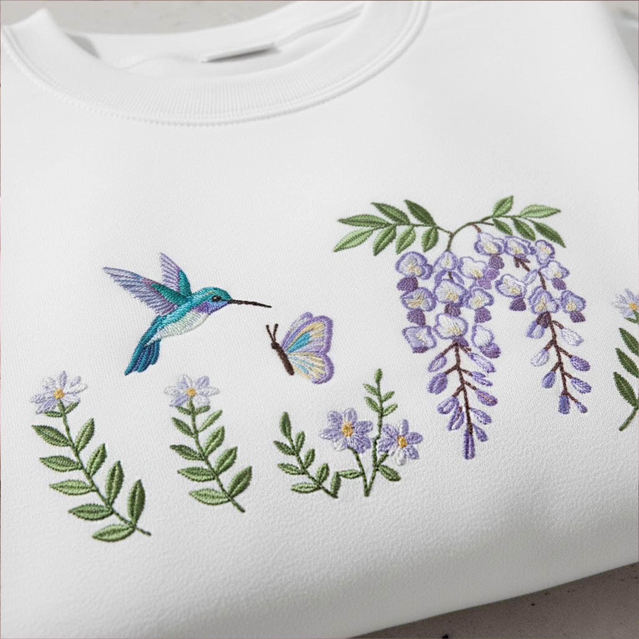Embroidered Hummingbird Sweatshirt: Pink Wisteria Butterfly Garden Crewneck