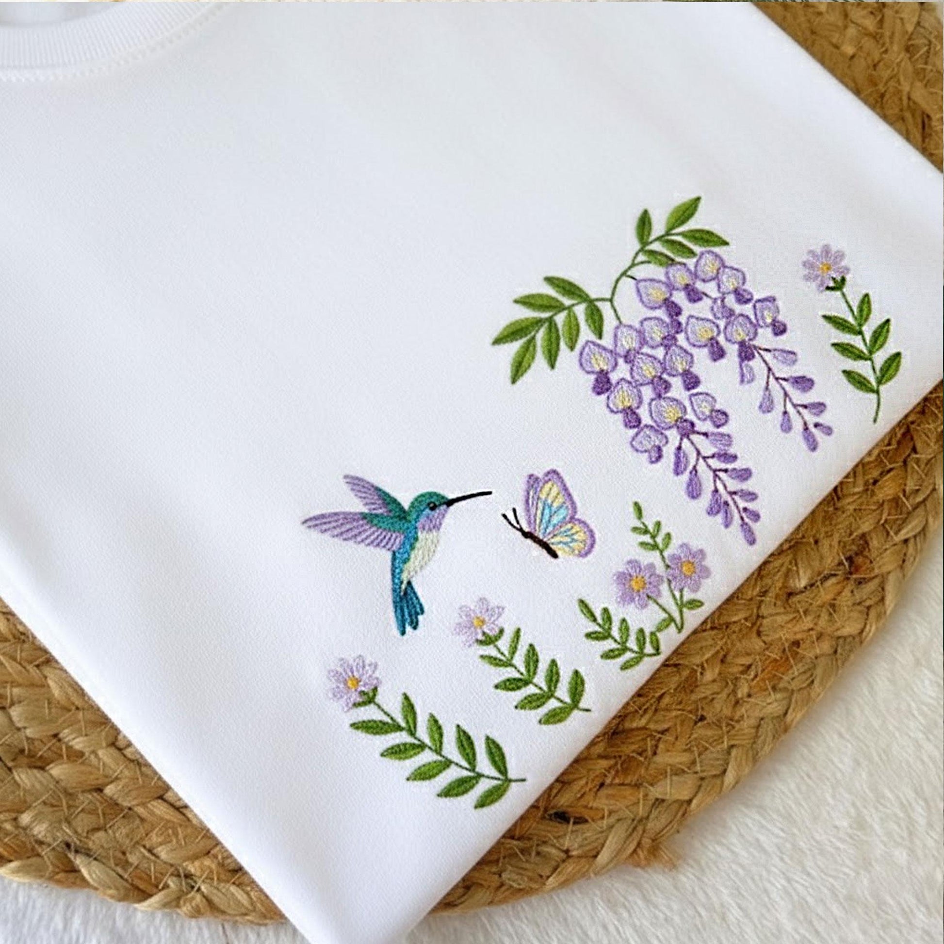 Embroidered Hummingbird Sweatshirt: Pink Wisteria Butterfly Garden Crewneck