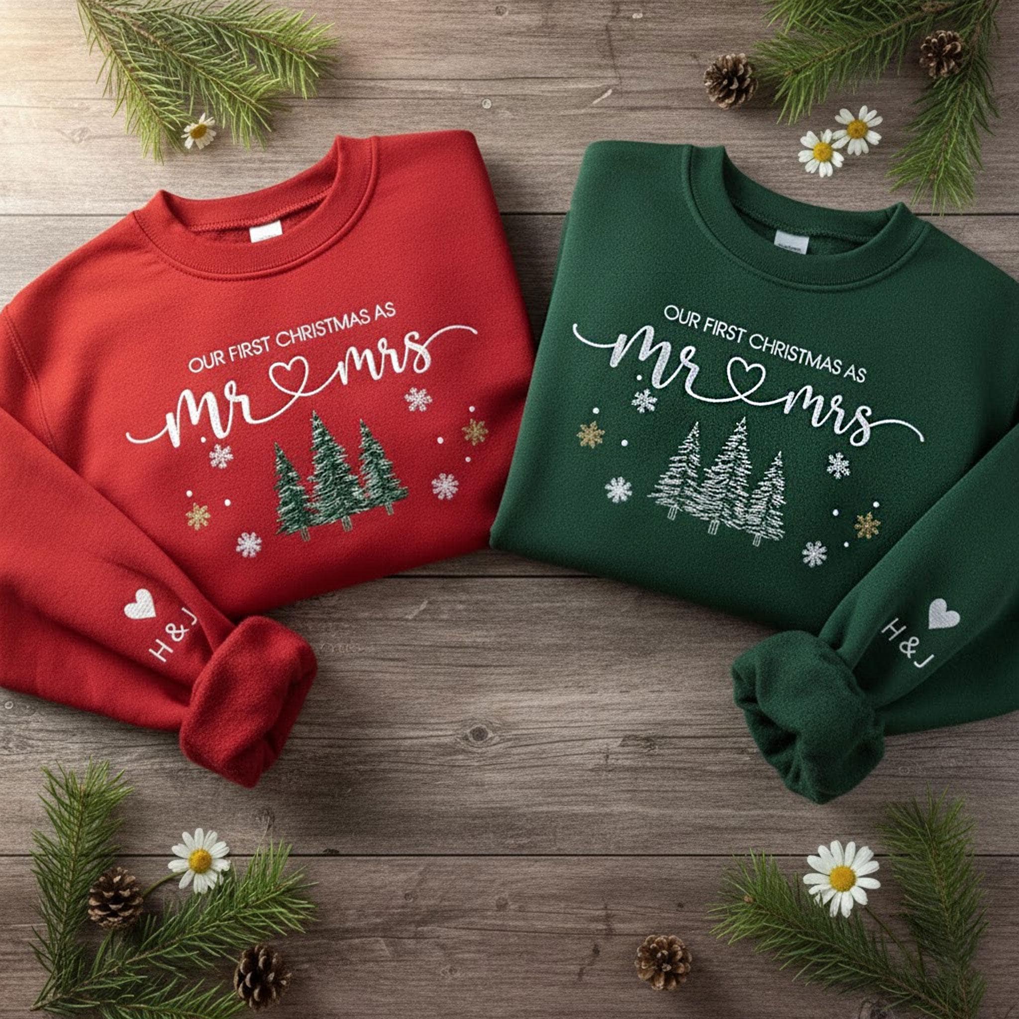 Our First Christmas Mr & Mrs Sweatshirt: Personalized Embroidered Newlywed Crewneck