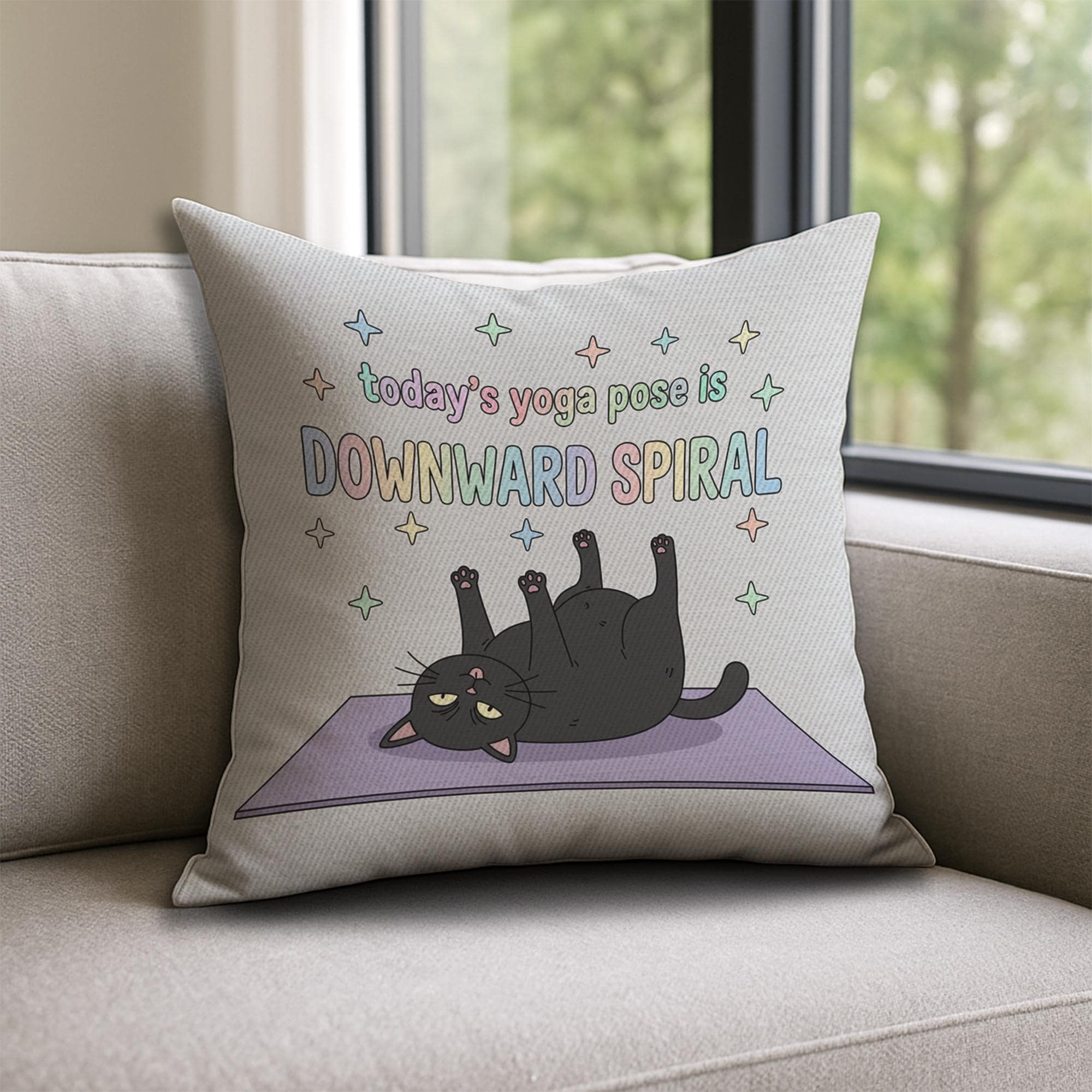 Printed Throw Pillow – Black Cat Yoga Design with Downward Spiral Quote and Pastel Text image 2
