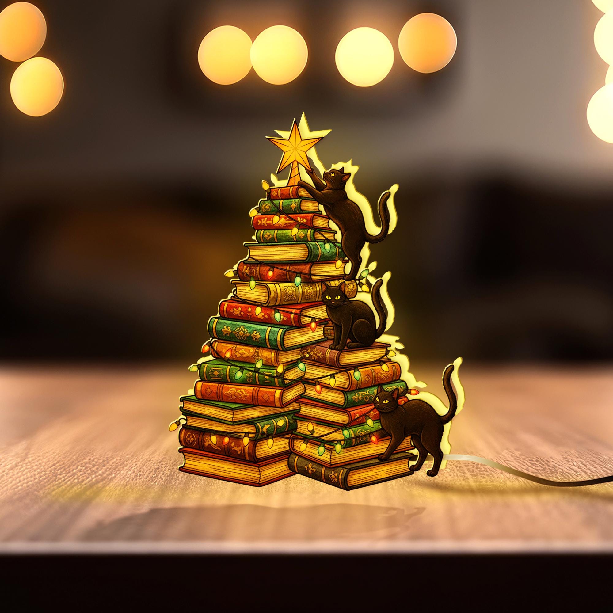 Cat Book Tree Light Box | Custom Cat Climbing Books LED Lamp image 3