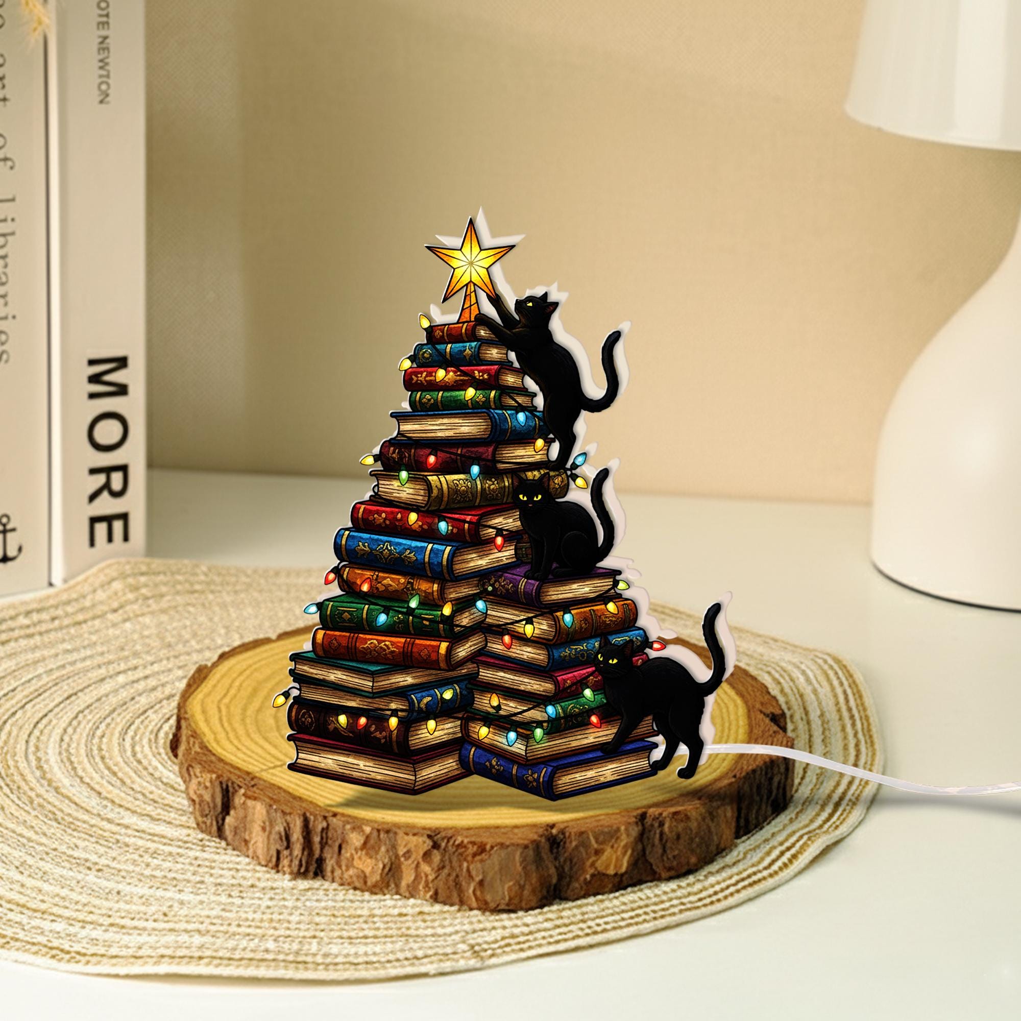 Cat Book Tree Light Box | Custom Cat Climbing Books LED Lamp image 4